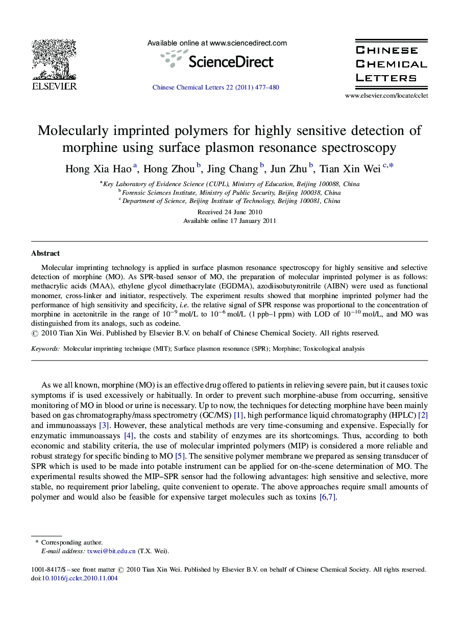 Molecularly imprinted polymers for highly sensitive detection of morphine using surface plasmon resonance spectroscopy