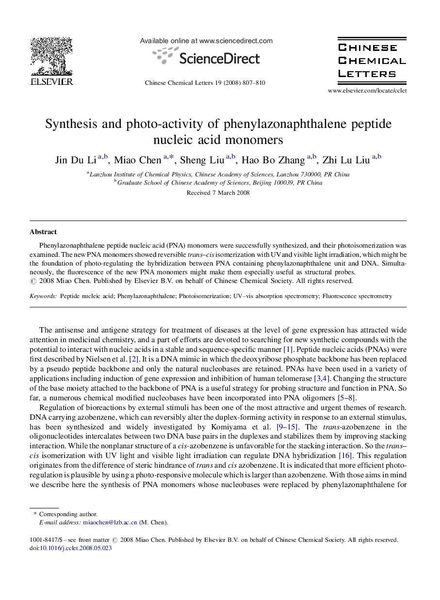 Synthesis and photo-activity of phenylazonaphthalene peptide nucleic acid monomers