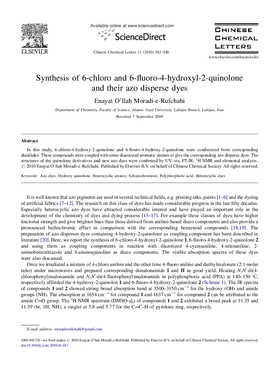 Synthesis of 6-chloro and 6-fluoro-4-hydroxyl-2-quinolone and their azo disperse dyes