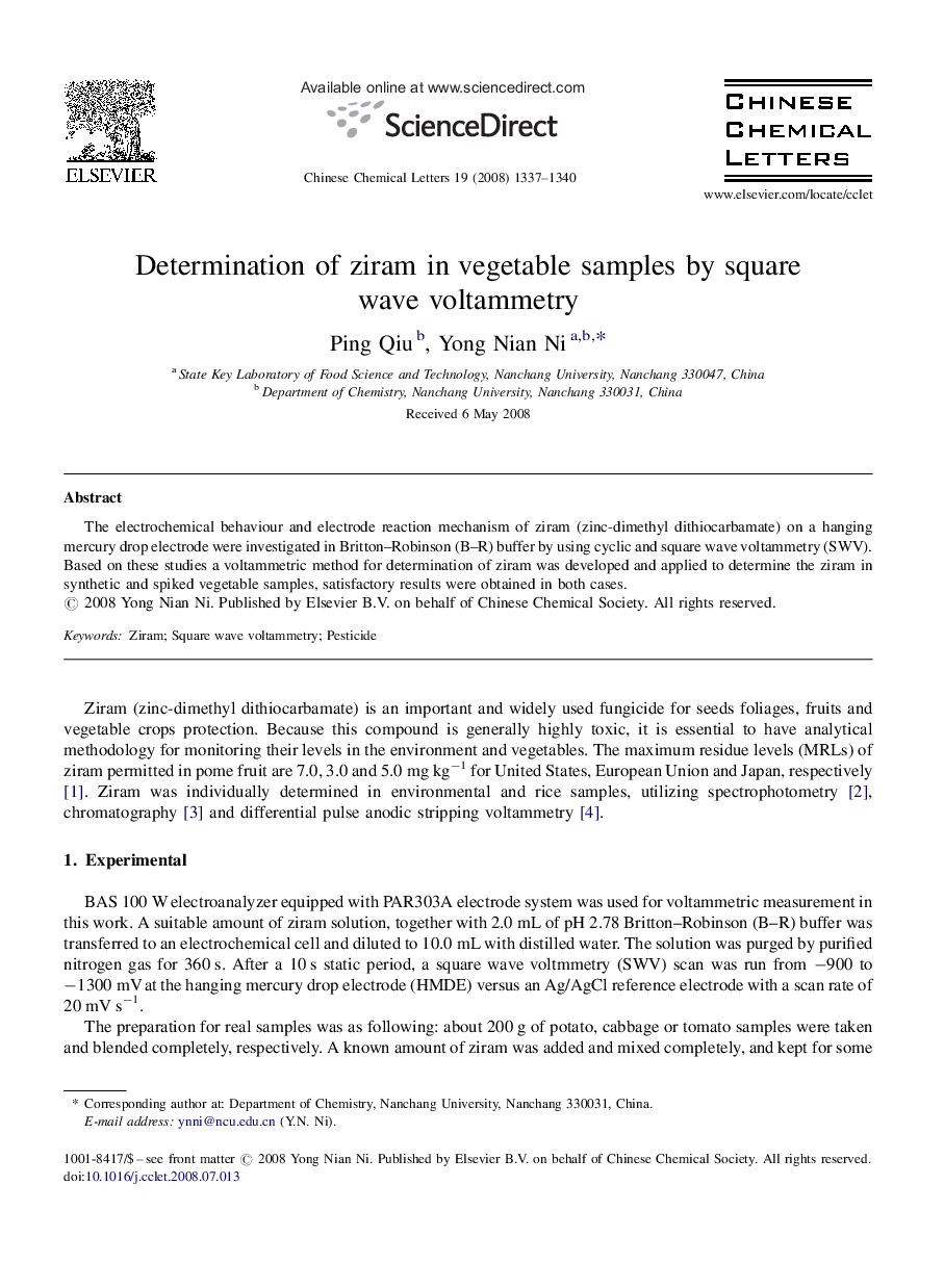 Determination of ziram in vegetable samples by square wave voltammetry