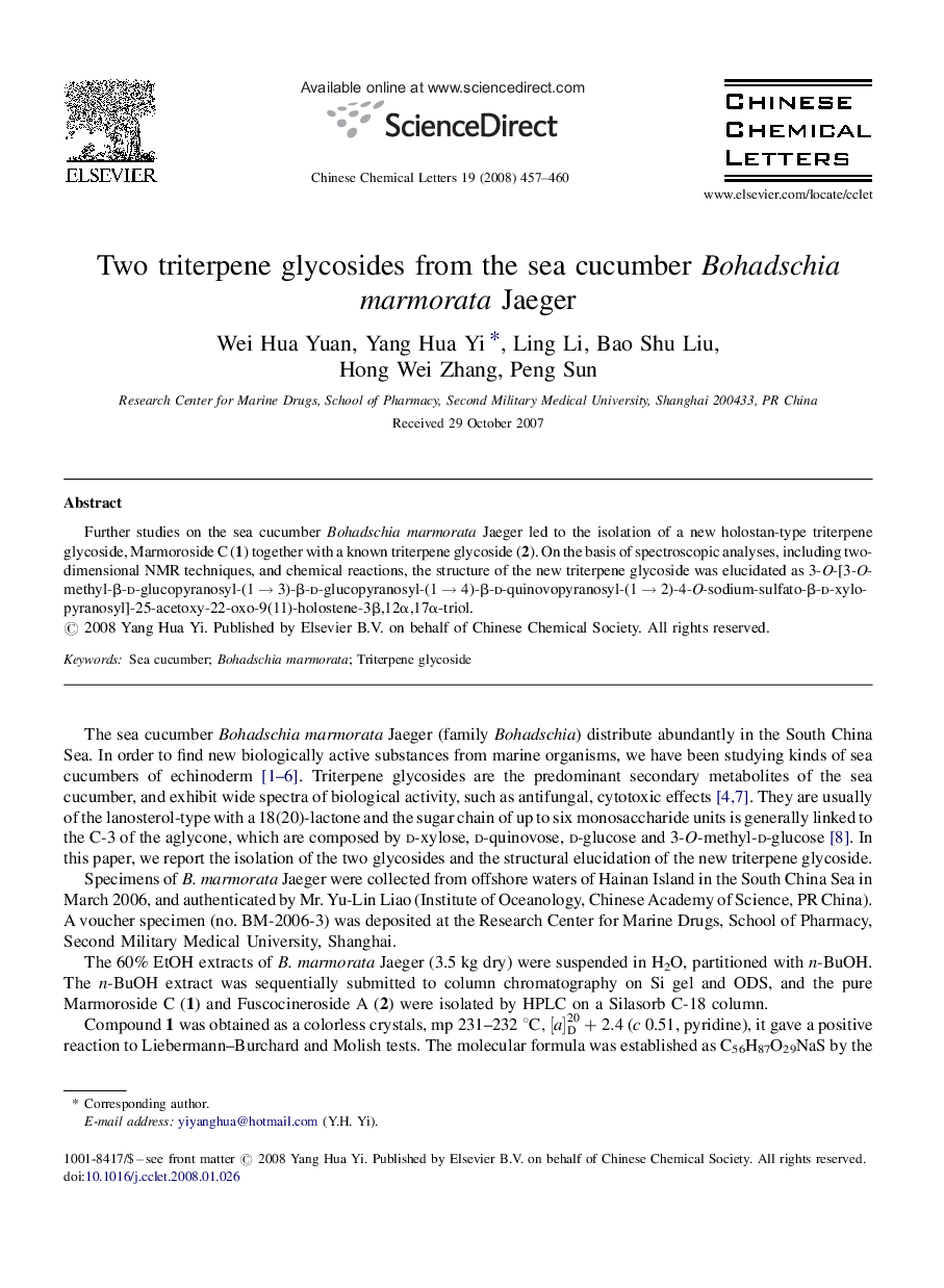 Two triterpene glycosides from the sea cucumber Bohadschia marmorata Jaeger