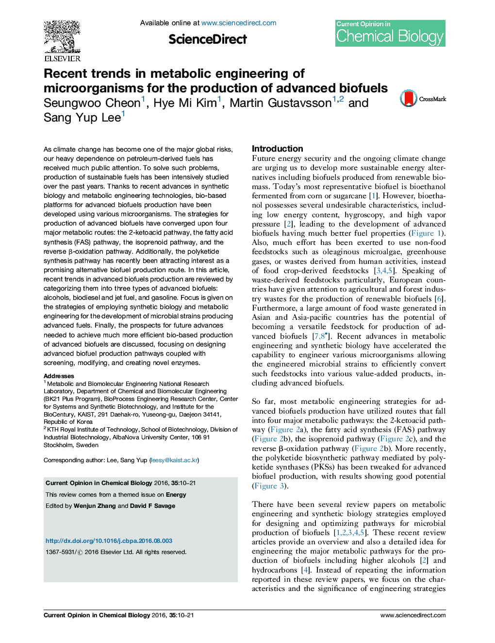 Recent trends in metabolic engineering of microorganisms for the production of advanced biofuels