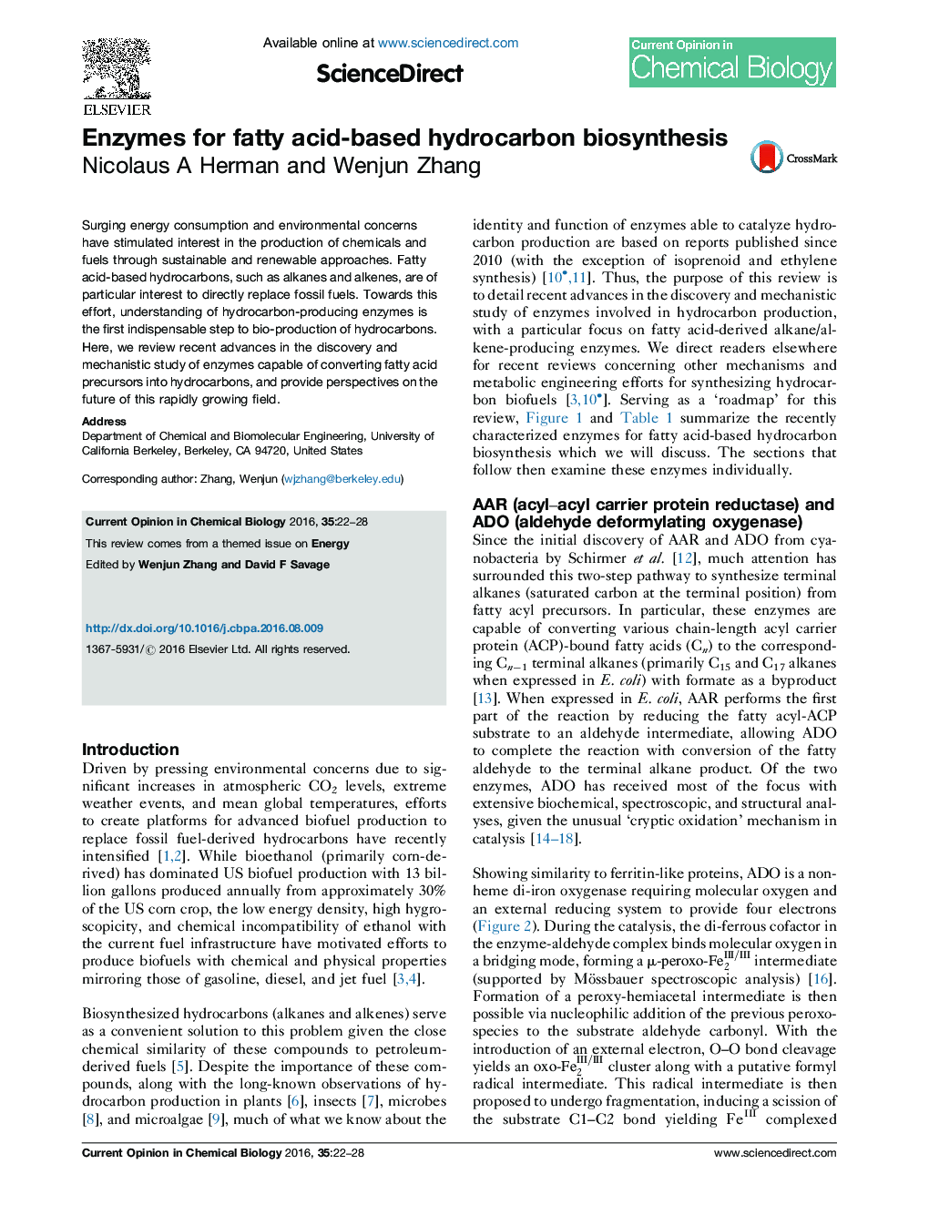 Enzymes for fatty acid-based hydrocarbon biosynthesis