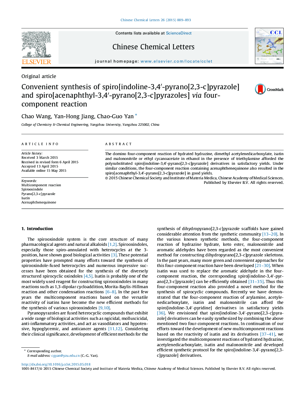 Convenient synthesis of spiro[indoline-3,4′-pyrano[2,3-c]pyrazole] and spiro[acenaphthyl-3,4′-pyrano[2,3-c]pyrazoles] via four-component reaction