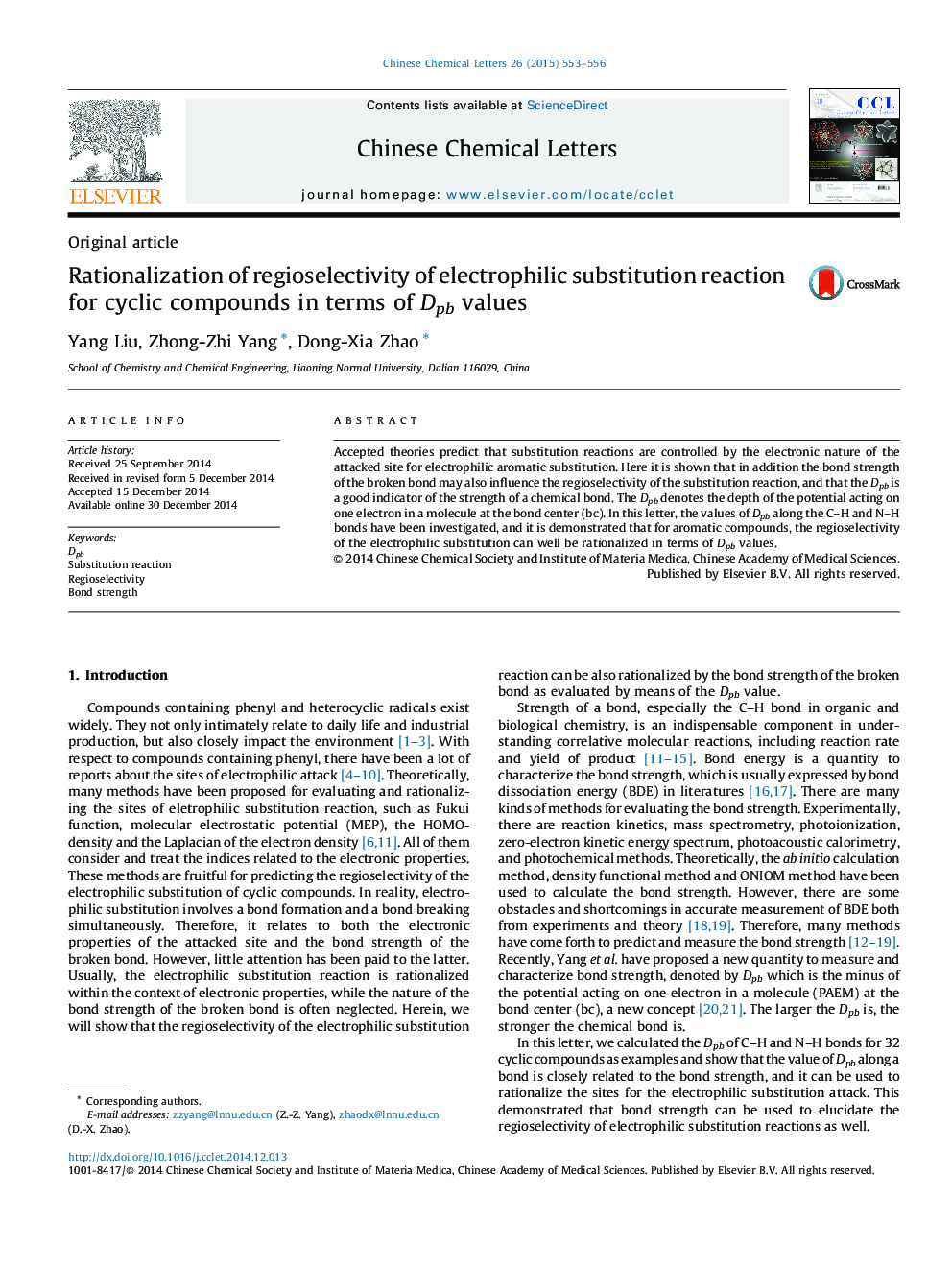 Rationalization of regioselectivity of electrophilic substitution reaction for cyclic compounds in terms of Dpb values