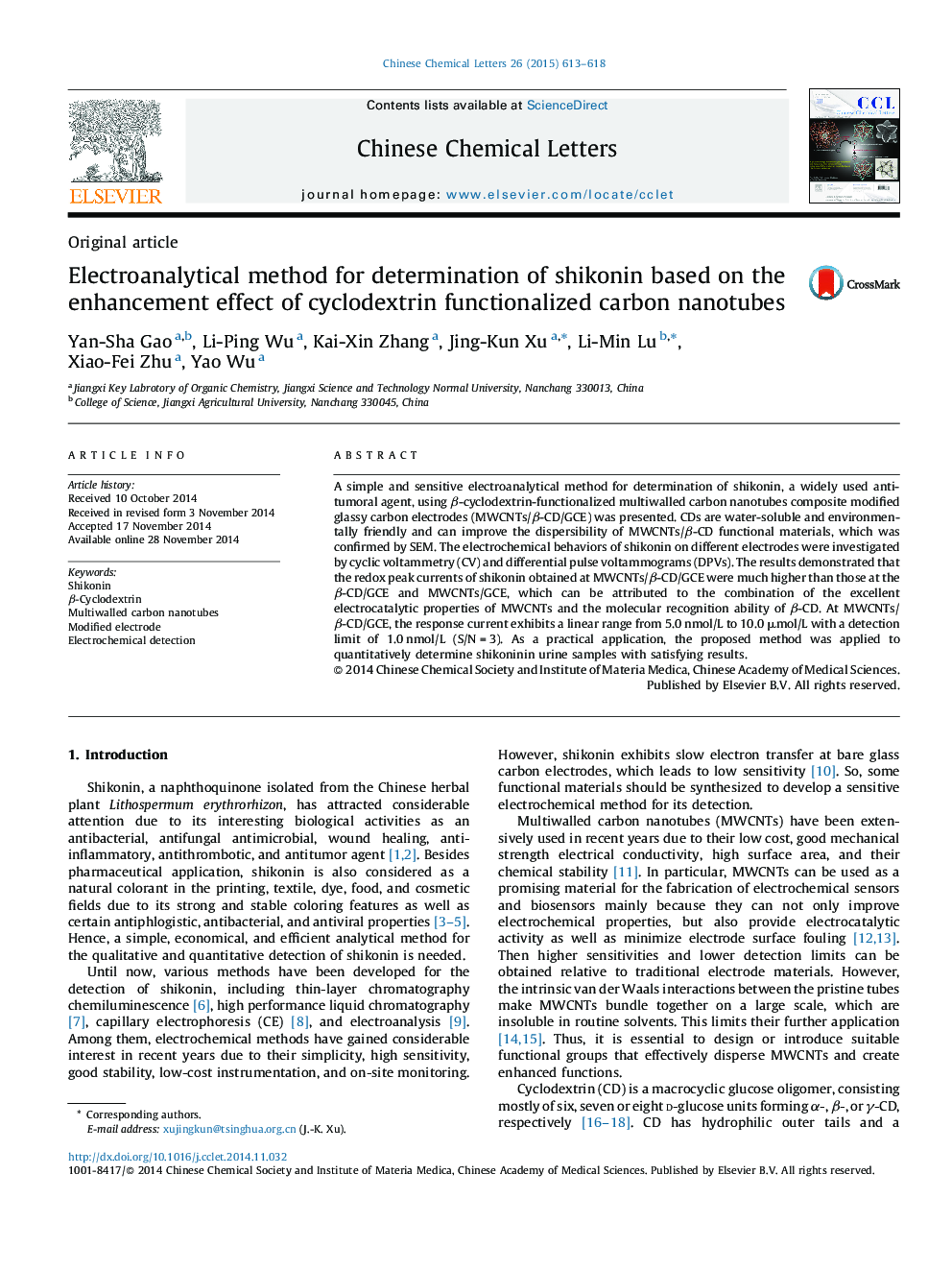 Electroanalytical method for determination of shikonin based on the enhancement effect of cyclodextrin functionalized carbon nanotubes