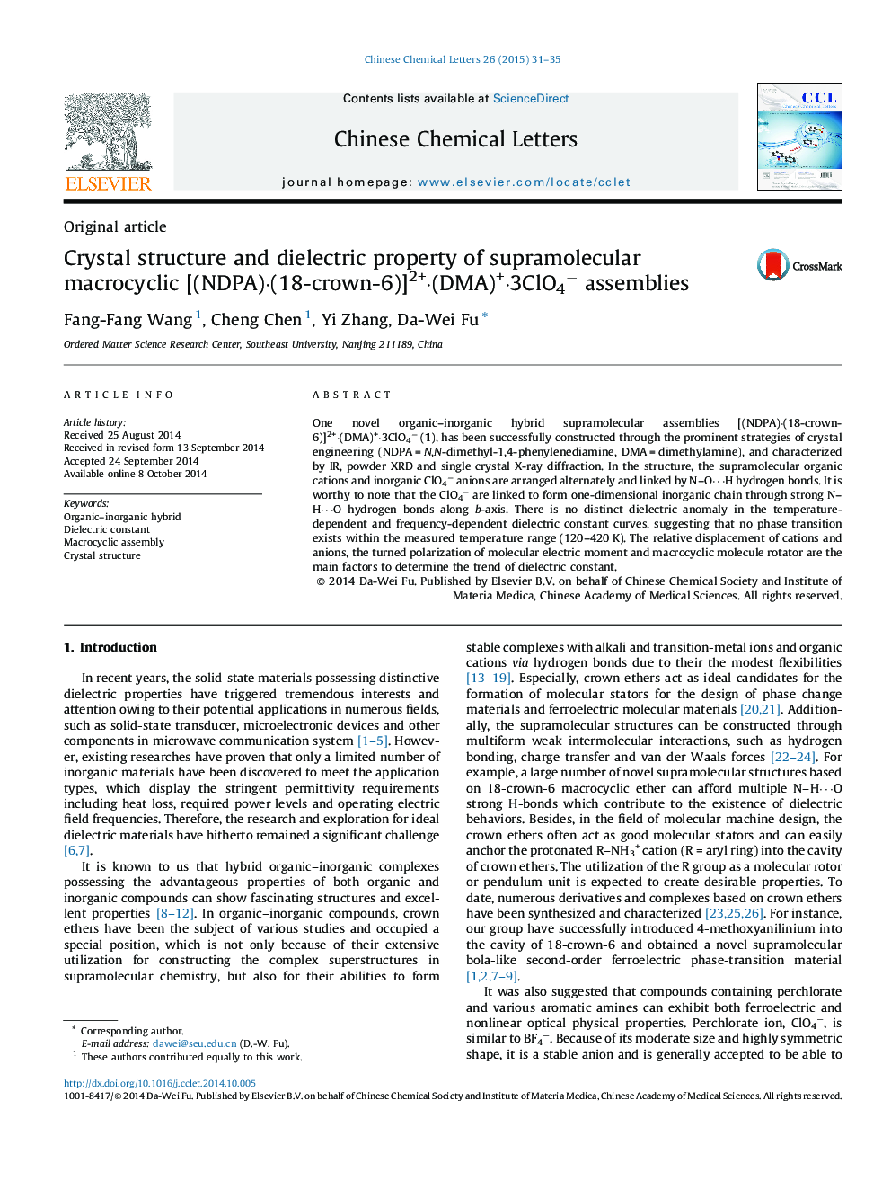 Crystal structure and dielectric property of supramolecular macrocyclic [(NDPA)·(18-crown-6)]2+·(DMA)+·3ClO4− assemblies