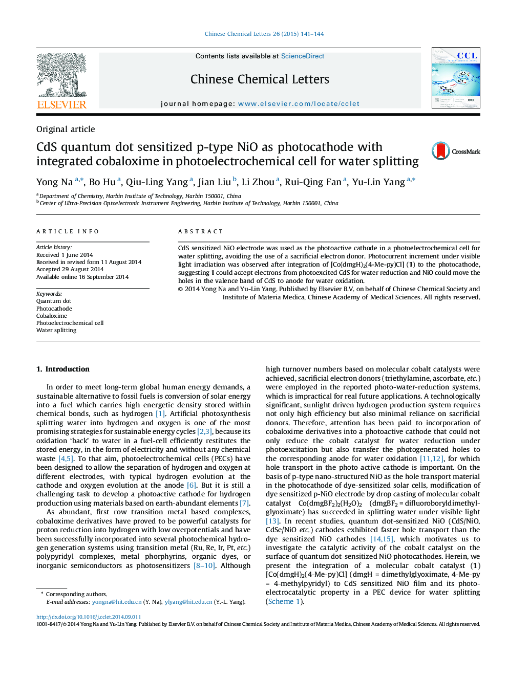 CdS quantum dot sensitized p-type NiO as photocathode with integrated cobaloxime in photoelectrochemical cell for water splitting