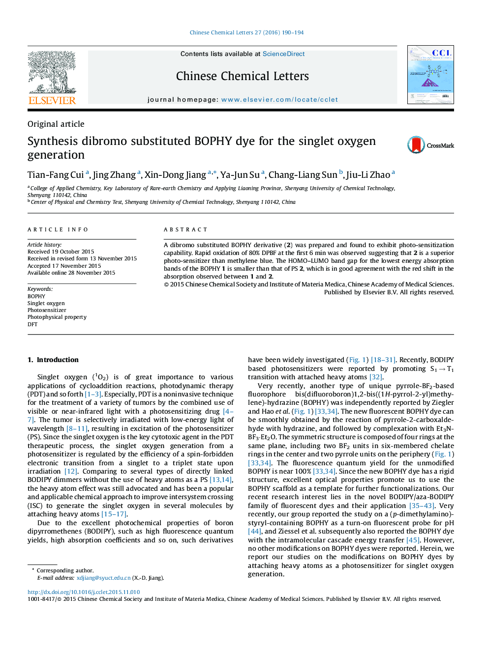 Synthesis dibromo substituted BOPHY dye for the singlet oxygen generation