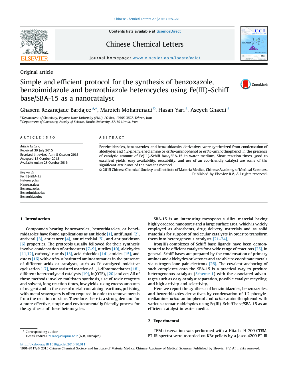 Simple and efficient protocol for the synthesis of benzoxazole, benzoimidazole and benzothiazole heterocycles using Fe(III)–Schiff base/SBA-15 as a nanocatalyst