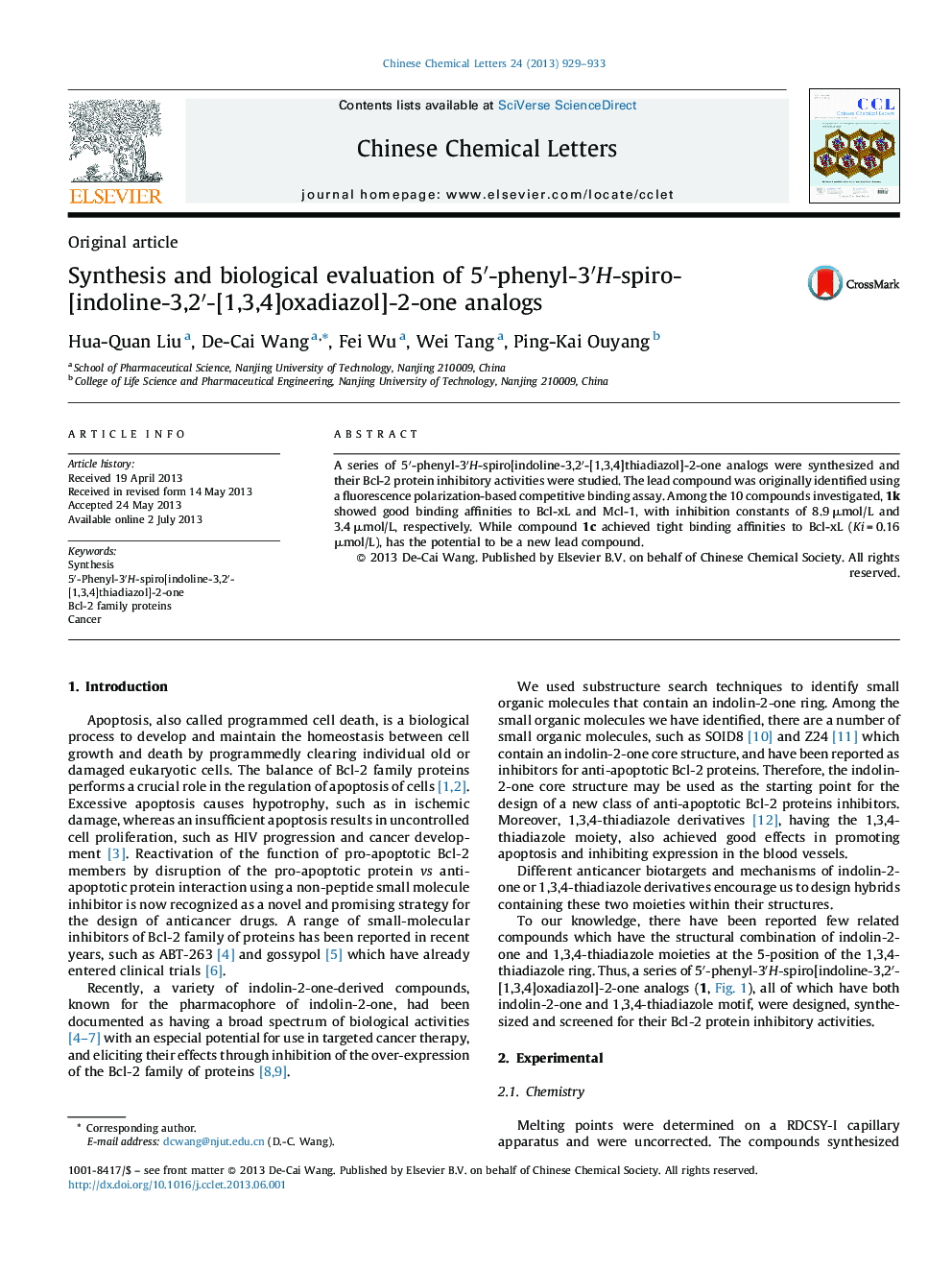 Synthesis and biological evaluation of 5′-phenyl-3′H-spiro-[indoline-3,2′-[1,3,4]oxadiazol]-2-one analogs