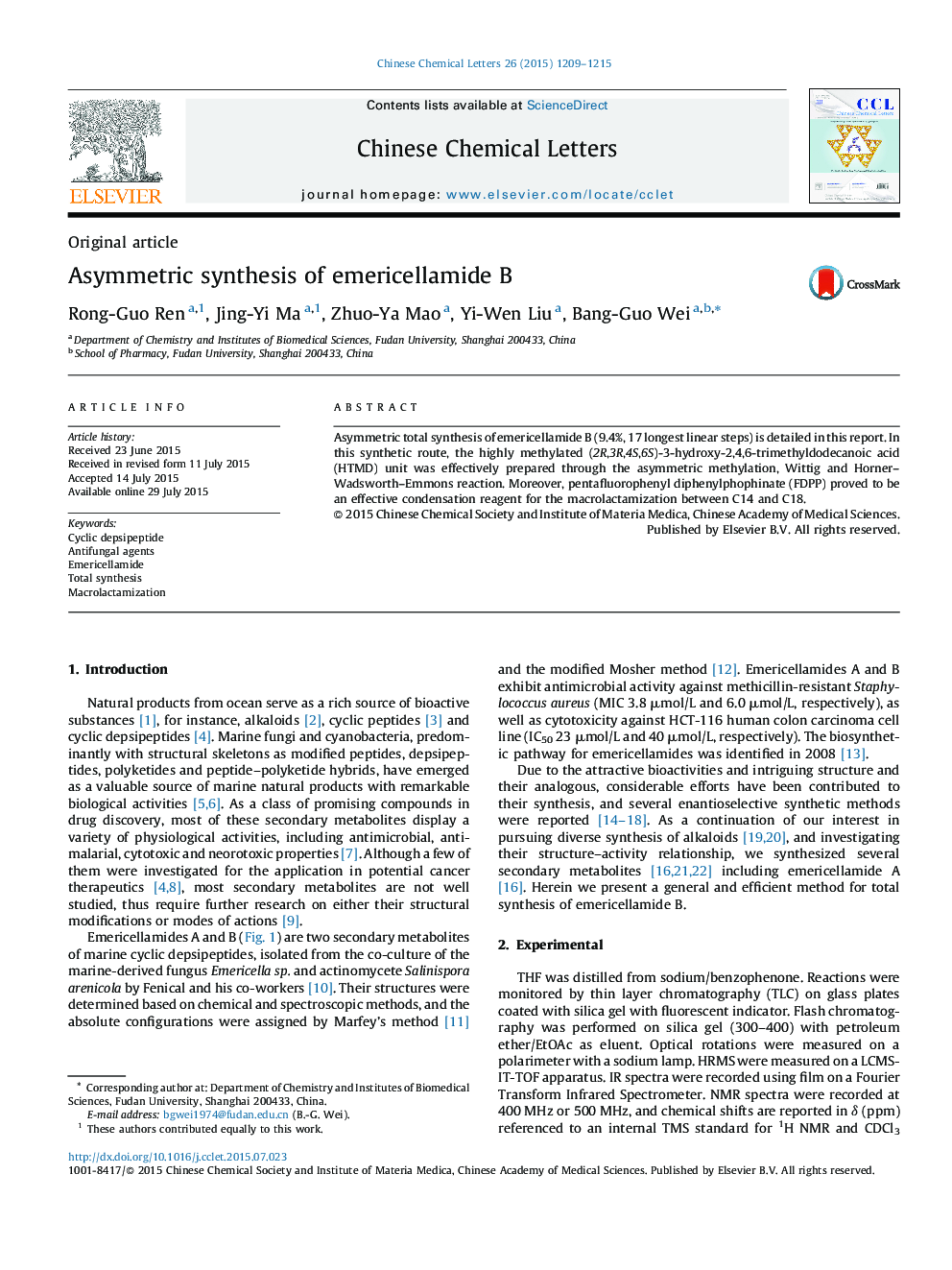 Asymmetric synthesis of emericellamide B