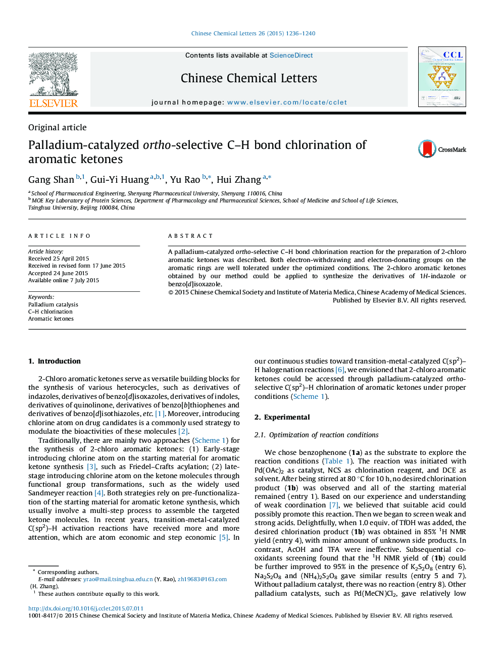 Palladium-catalyzed ortho-selective CH bond chlorination of aromatic ketones