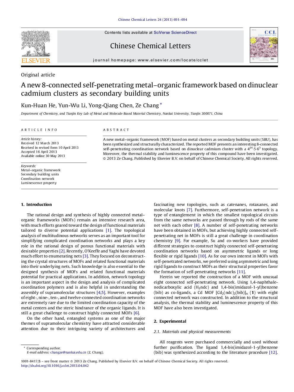 A new 8-connected self-penetrating metal–organic framework based on dinuclear cadmium clusters as secondary building units