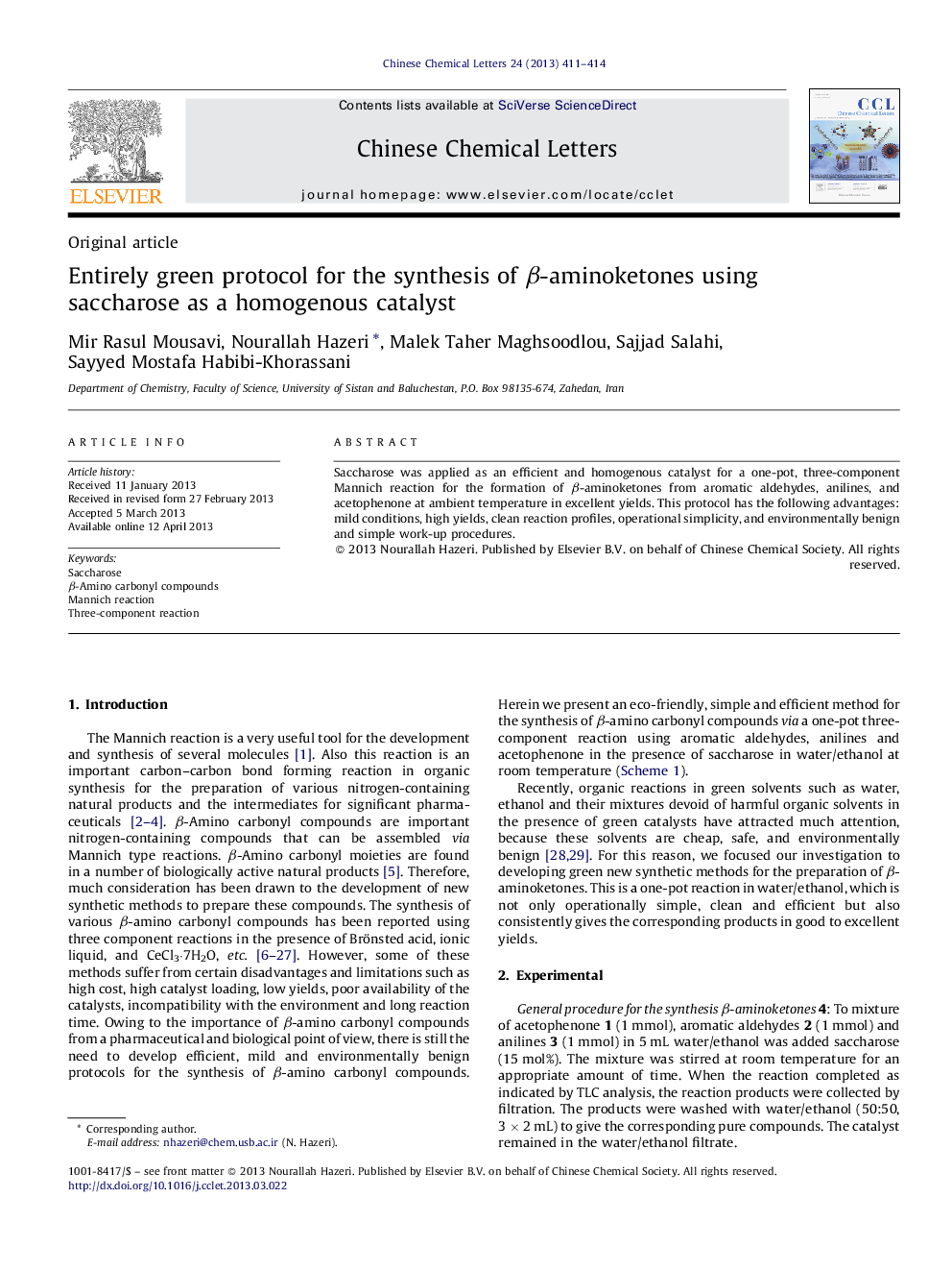 Entirely green protocol for the synthesis of β-aminoketones using saccharose as a homogenous catalyst