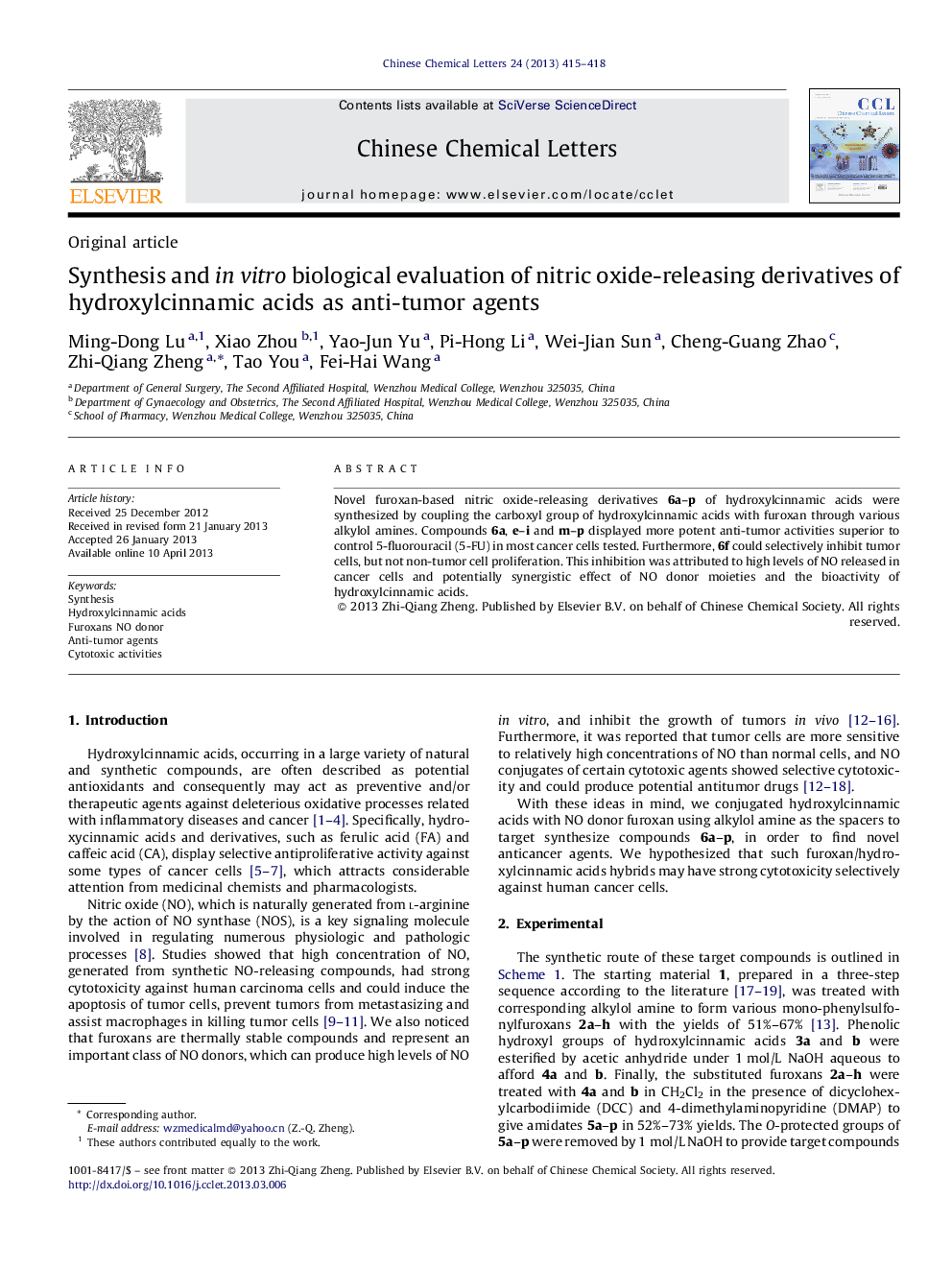 Synthesis and in vitro biological evaluation of nitric oxide-releasing derivatives of hydroxylcinnamic acids as anti-tumor agents