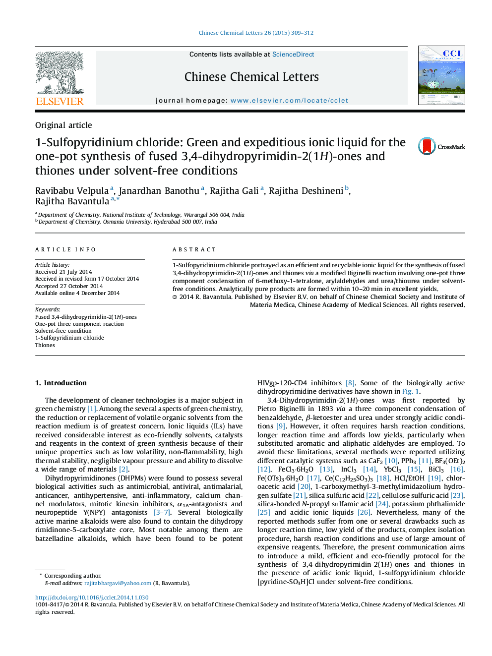 1-Sulfopyridinium chloride: Green and expeditious ionic liquid for the one-pot synthesis of fused 3,4-dihydropyrimidin-2(1H)-ones and thiones under solvent-free conditions