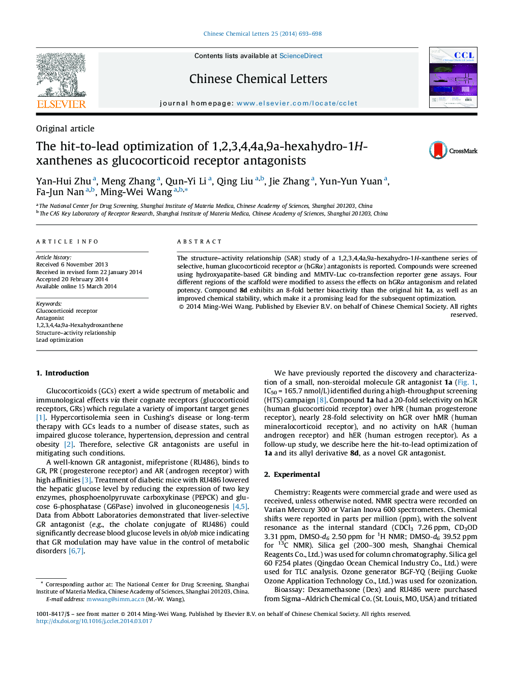 The hit-to-lead optimization of 1,2,3,4,4a,9a-hexahydro-1H-xanthenes as glucocorticoid receptor antagonists