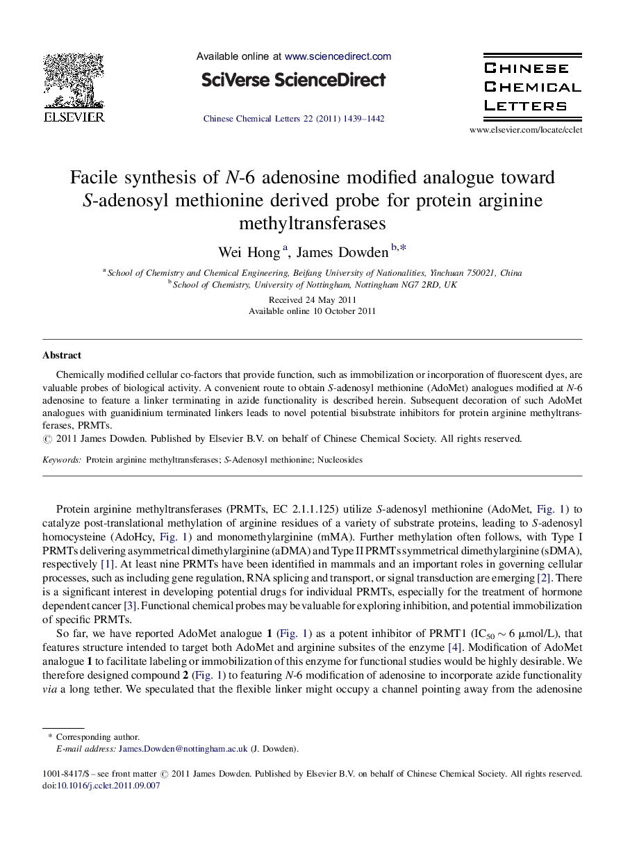 Facile synthesis of N-6 adenosine modified analogue toward S-adenosyl methionine derived probe for protein arginine methyltransferases