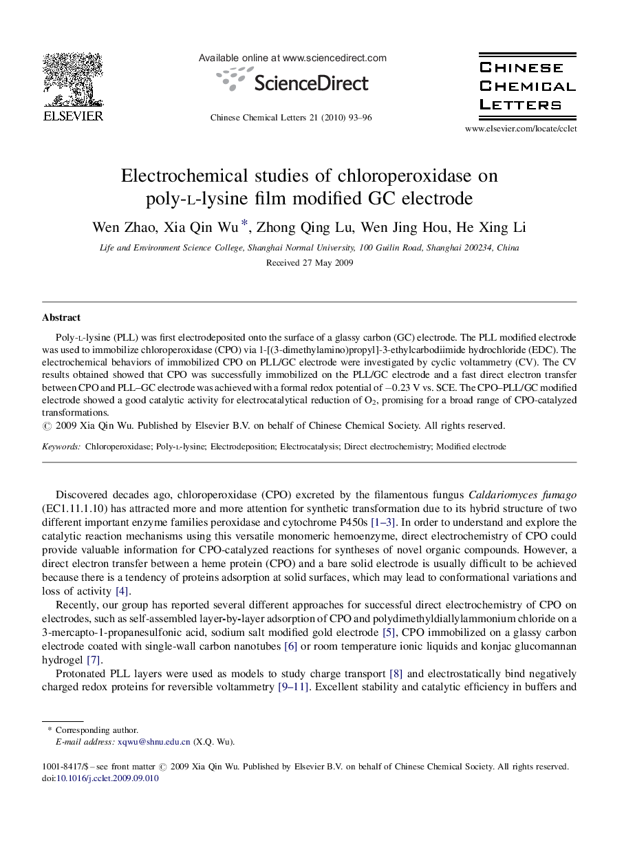 Electrochemical studies of chloroperoxidase on poly-l-lysine film modified GC electrode