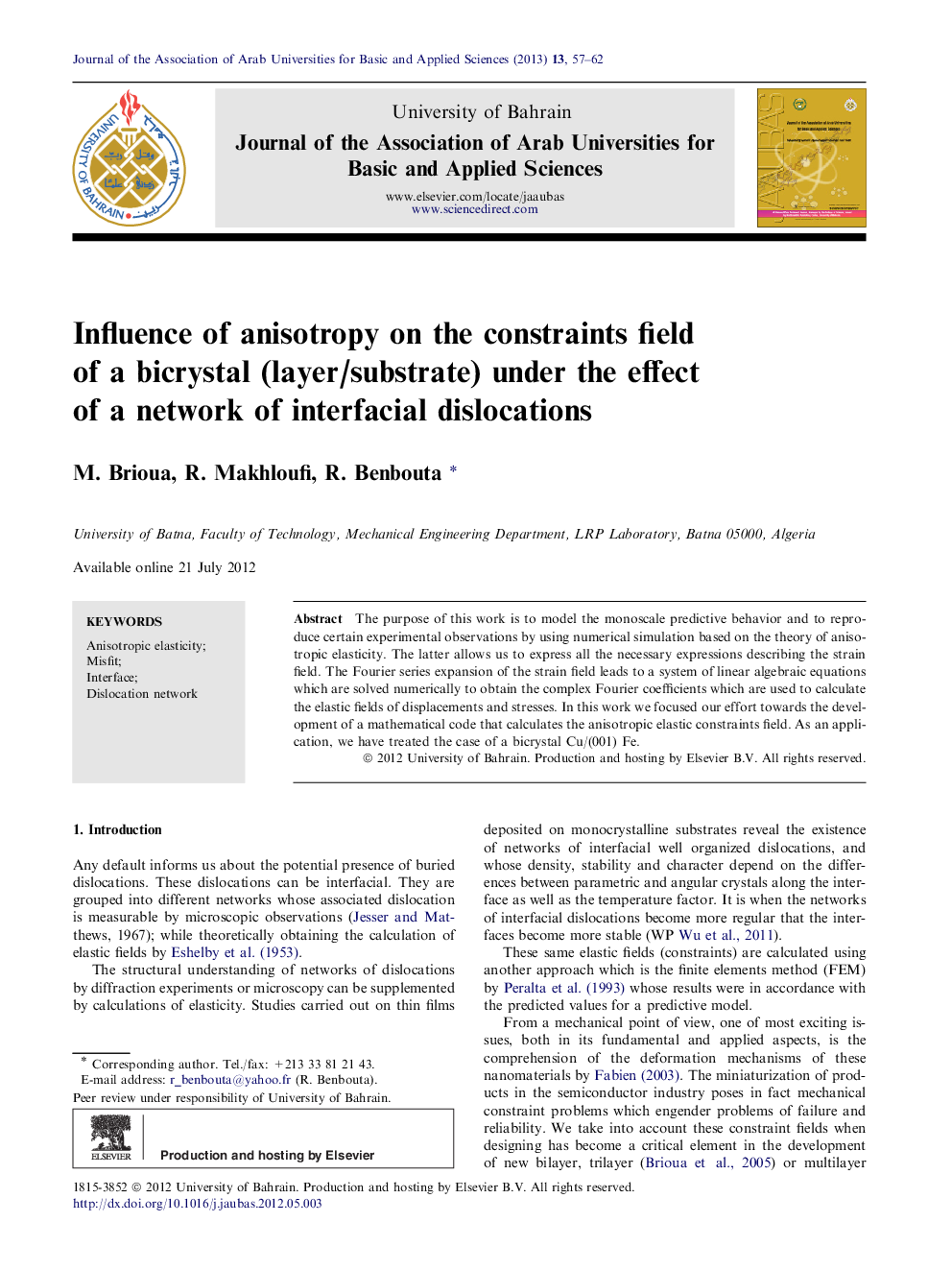 Influence of anisotropy on the constraints field of a bicrystal (layer/substrate) under the effect of a network of interfacial dislocations 