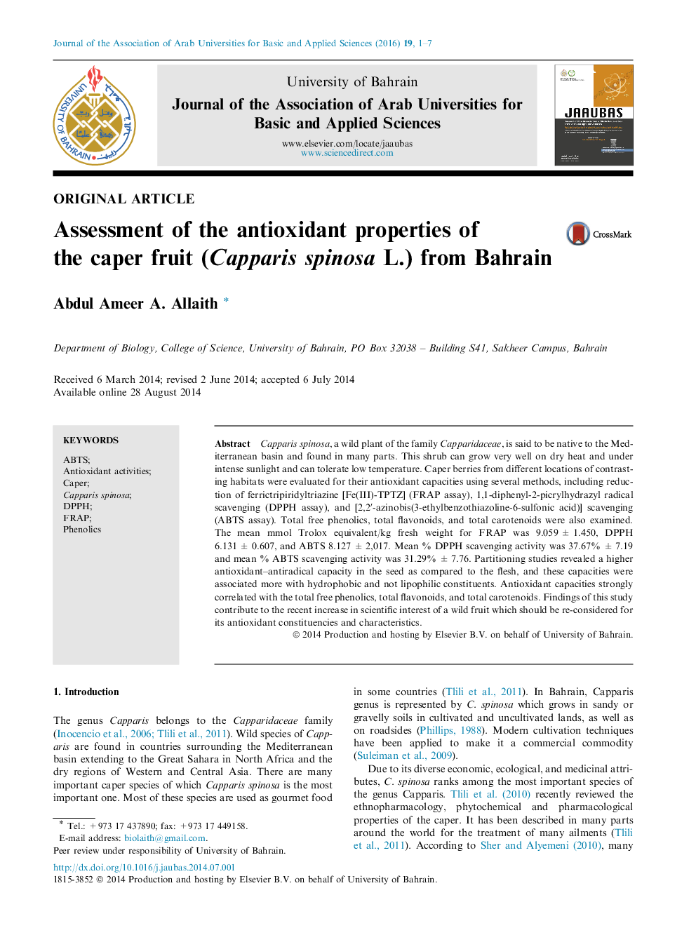 Assessment of the antioxidant properties of the caper fruit (Capparis spinosa L.) from Bahrain 