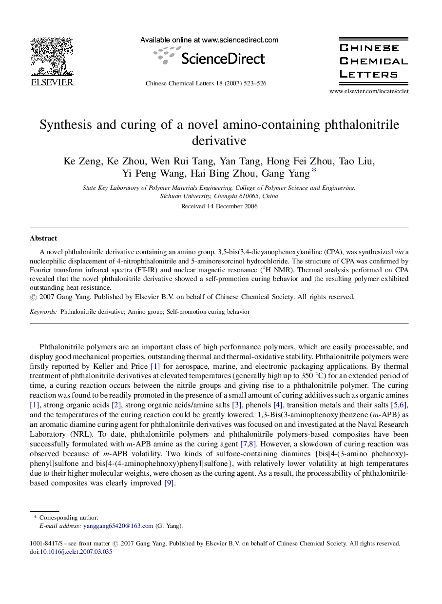 Synthesis and curing of a novel amino-containing phthalonitrile derivative