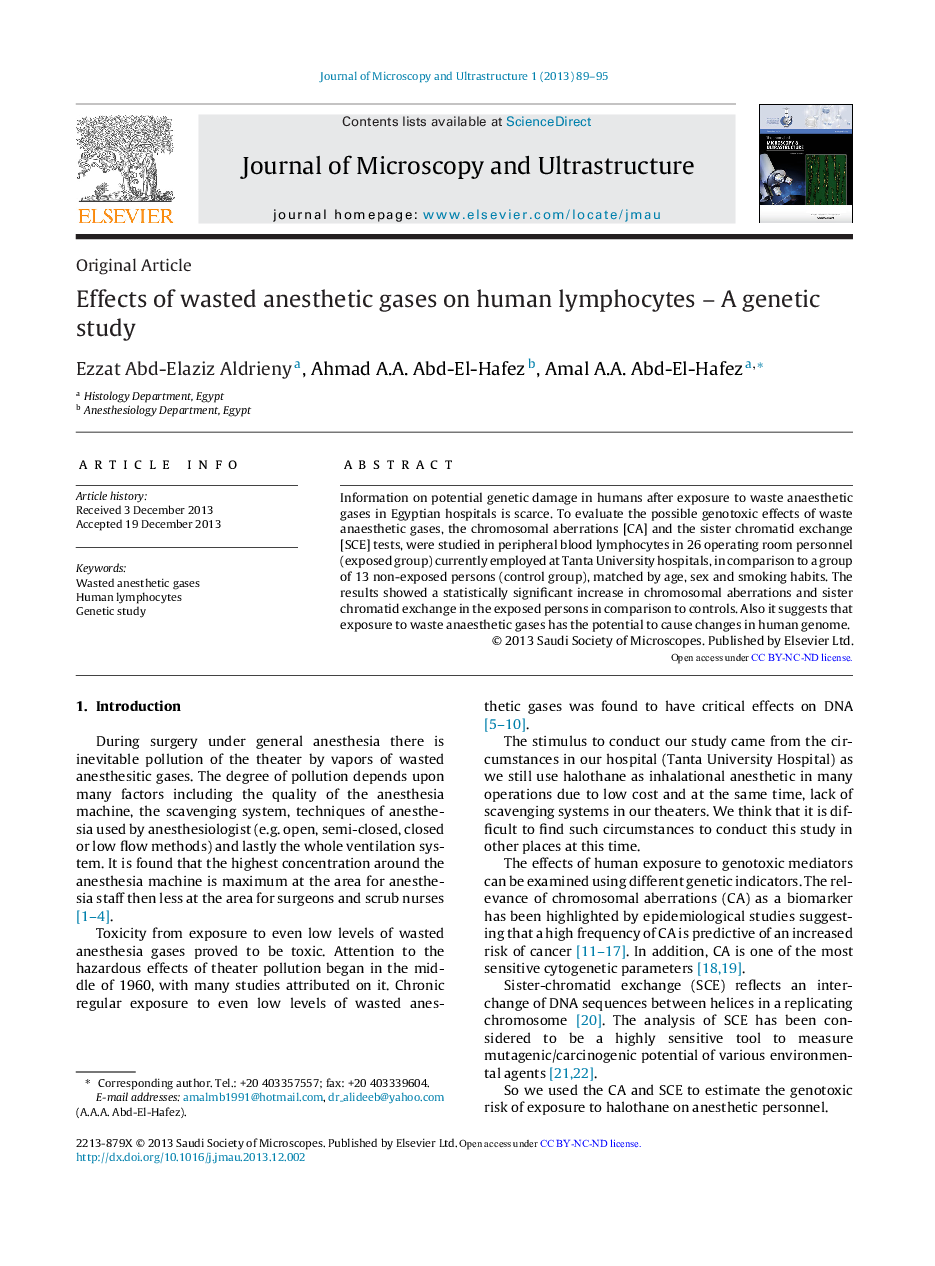 Effects of wasted anesthetic gases on human lymphocytes – A genetic study