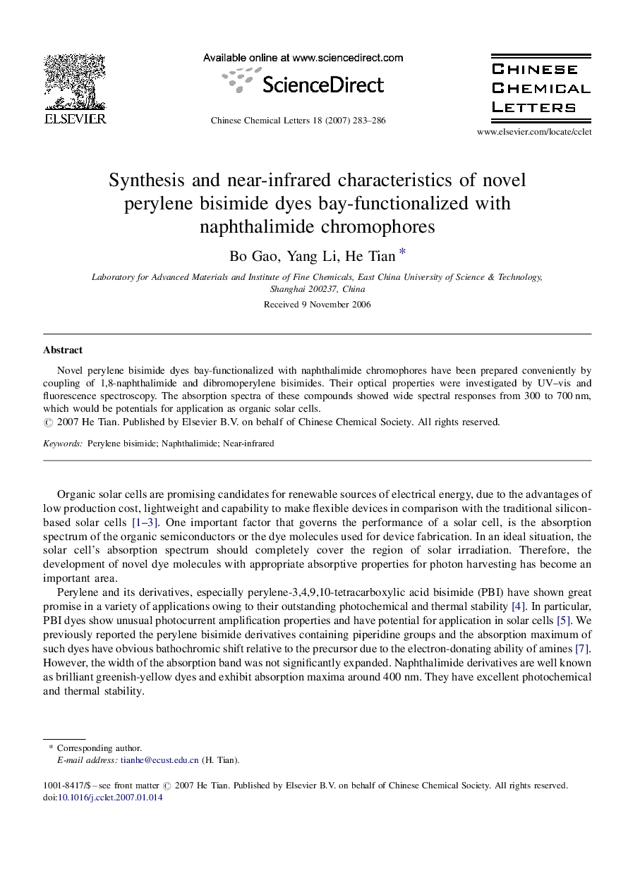 Synthesis and near-infrared characteristics of novel perylene bisimide dyes bay-functionalized with naphthalimide chromophores