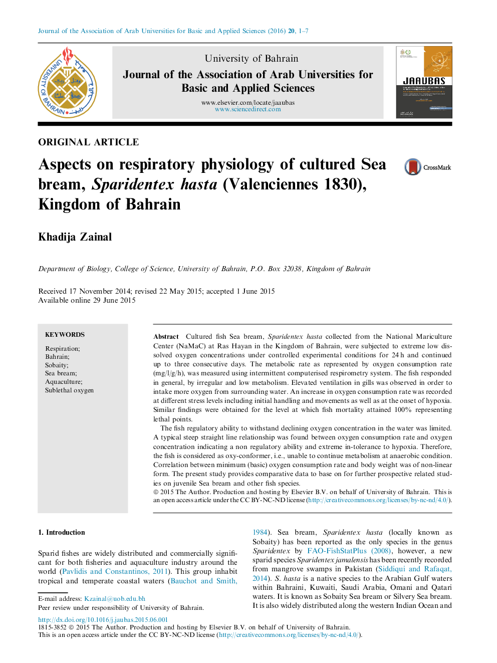 Aspects on respiratory physiology of cultured Sea bream, Sparidentex hasta (Valenciennes 1830), Kingdom of Bahrain 