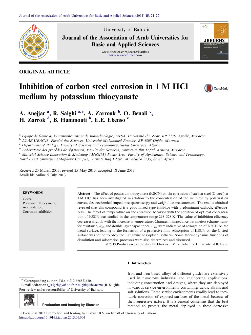 Inhibition of carbon steel corrosion in 1 M HCl medium by potassium thiocyanate 