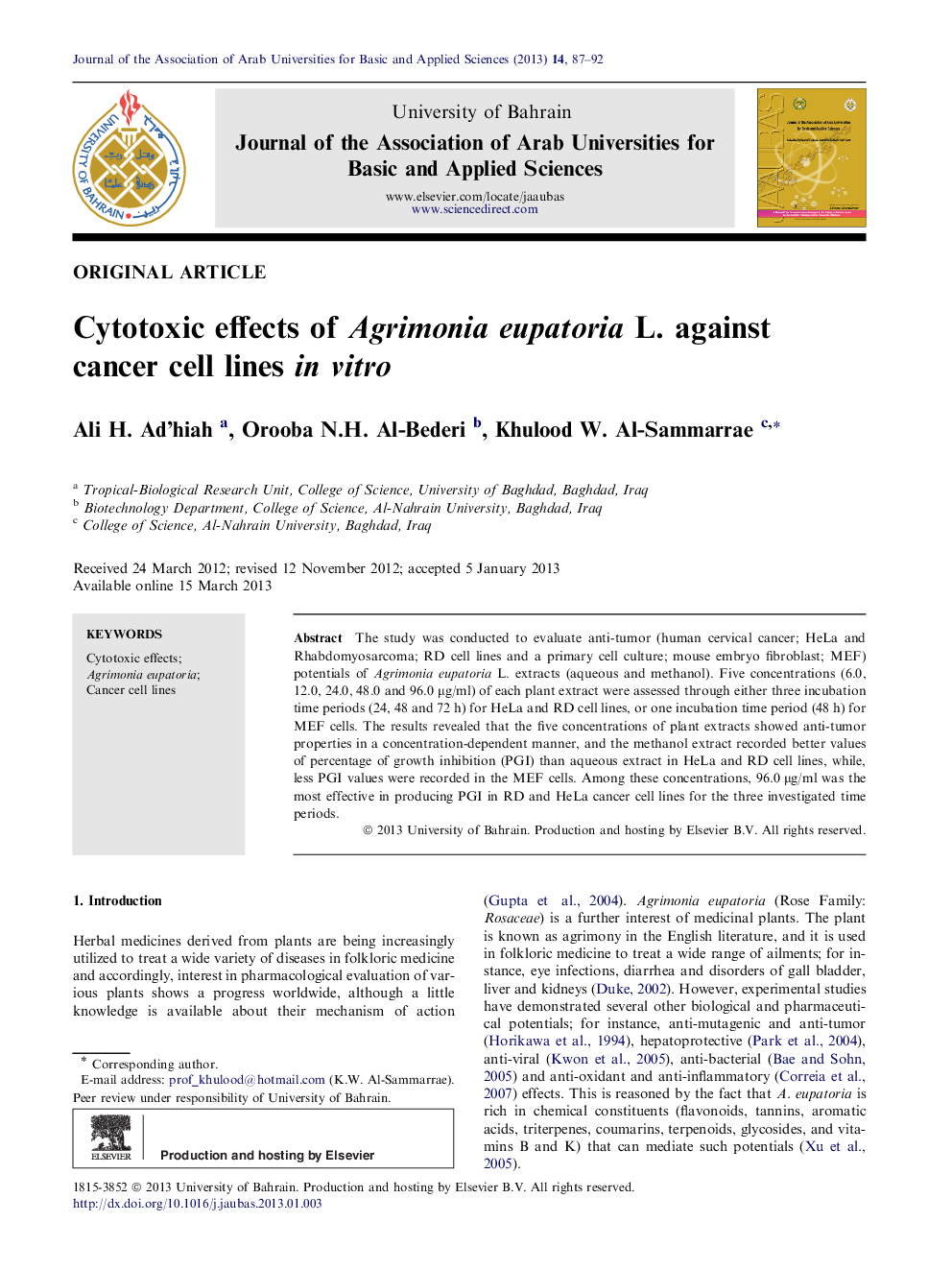 Cytotoxic effects of Agrimonia eupatoria L. against cancer cell lines in vitro 