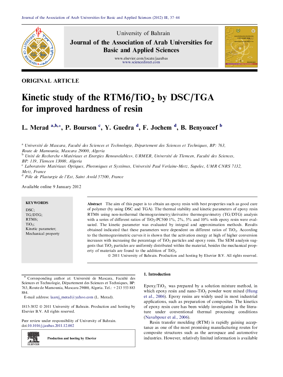 Kinetic study of the RTM6/TiO2 by DSC/TGA for improved hardness of resin