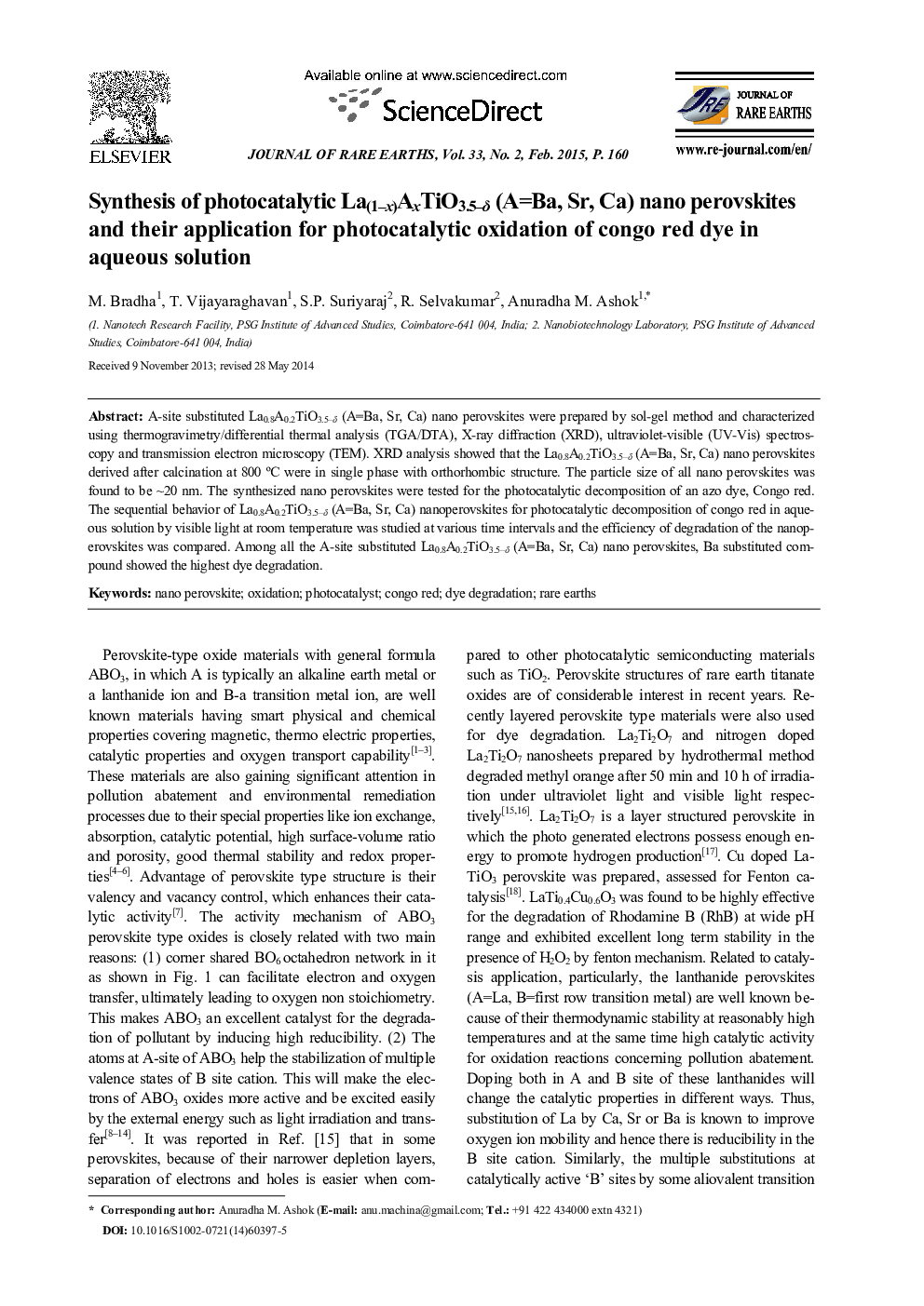 Synthesis of photocatalytic La(1–x)AxTiO3.5–δ (A=Ba, Sr, Ca) nano perovskites and their application for photocatalytic oxidation of congo red dye in aqueous solution