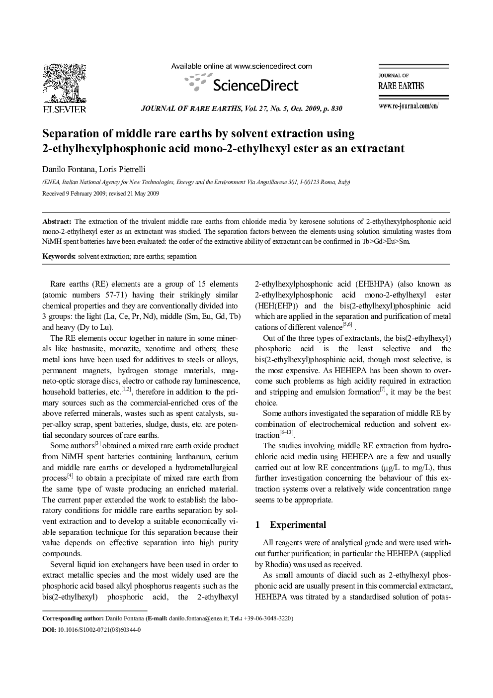 عکس صفحه اول مقاله: Separation of middle rare earths by solvent extraction using 2-ethylhexylphosphonic acid mono-2-ethylhexyl ester as an extractant Separation of middle rare earths by solvent extraction using 2-ethylhexylphosphonic acid mono-2-ethylhexyl ester as an extractant