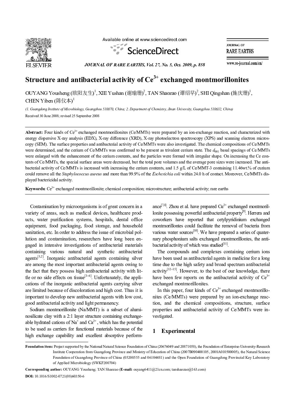 Structure and antibacterial activity of Ce3+ exchanged montmorillonites 