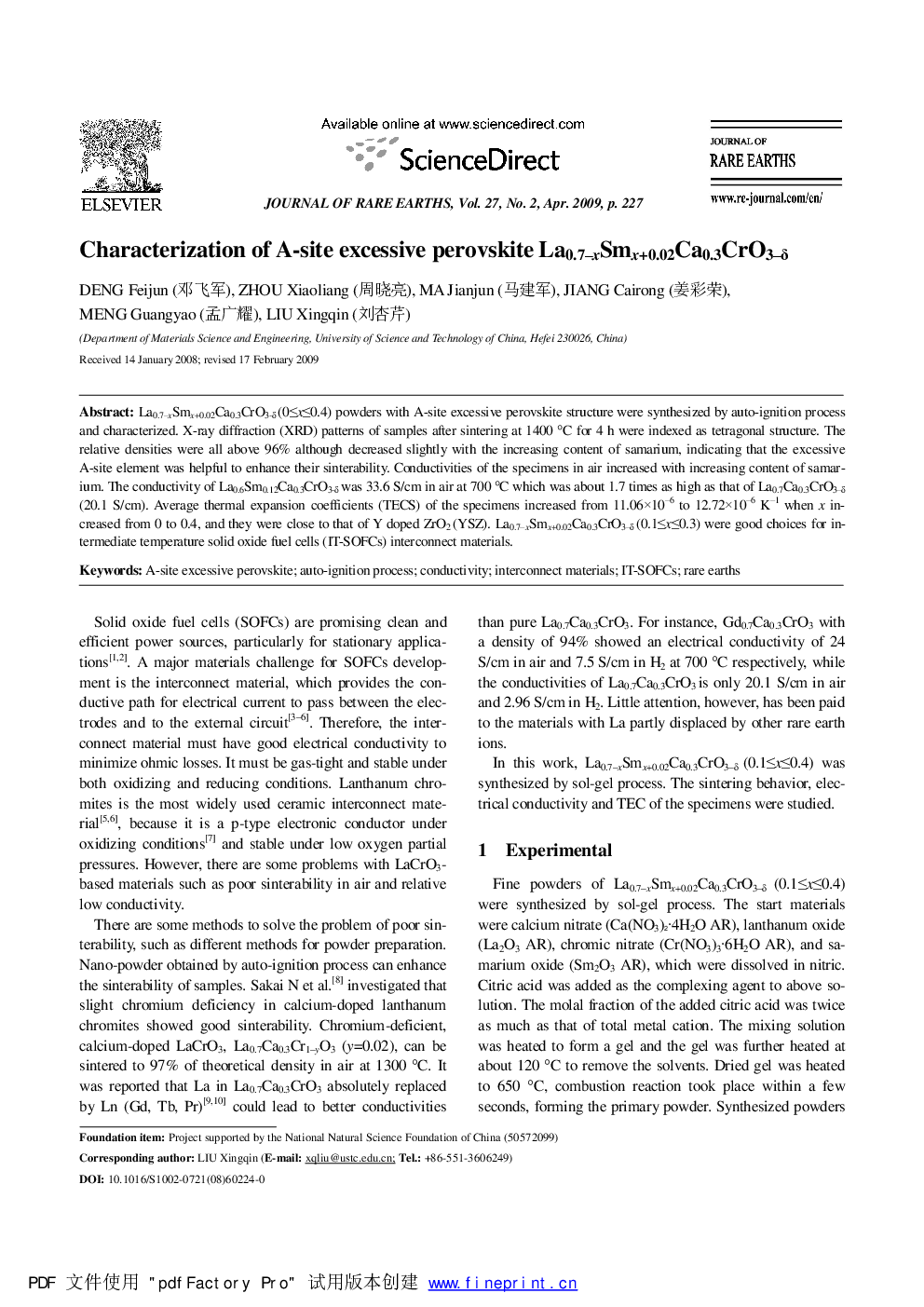 عکس صفحه اول مقاله: Characterization of A-site excessive perovskite La0.7–xSmx+0.02Ca0.3CrO3–δ Characterization of A-site excessive perovskite La0.7–xSmx+0.02Ca0.3CrO3–δ