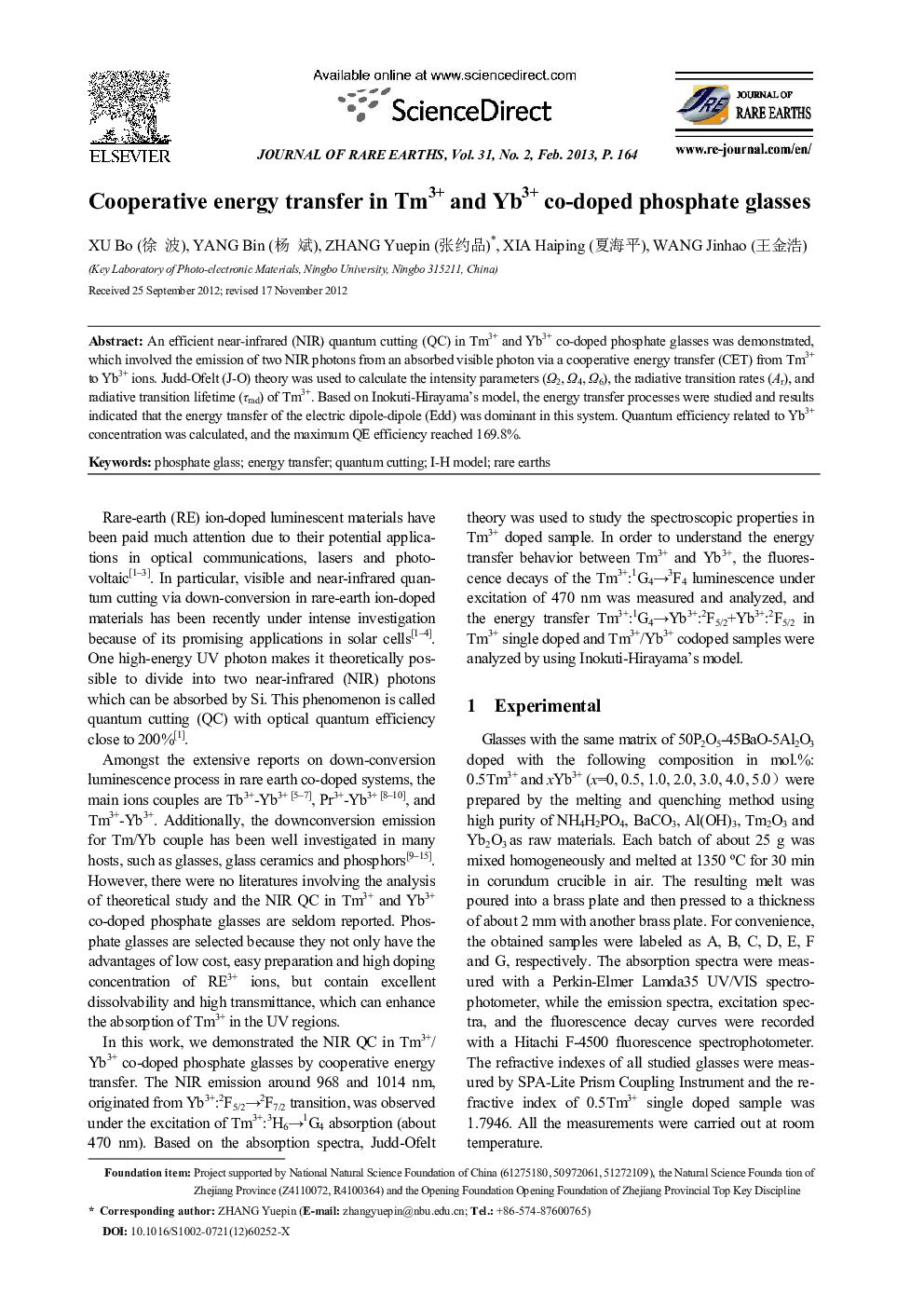 Cooperative energy transfer in Tm3+ and Yb3+ co-doped phosphate glasses 