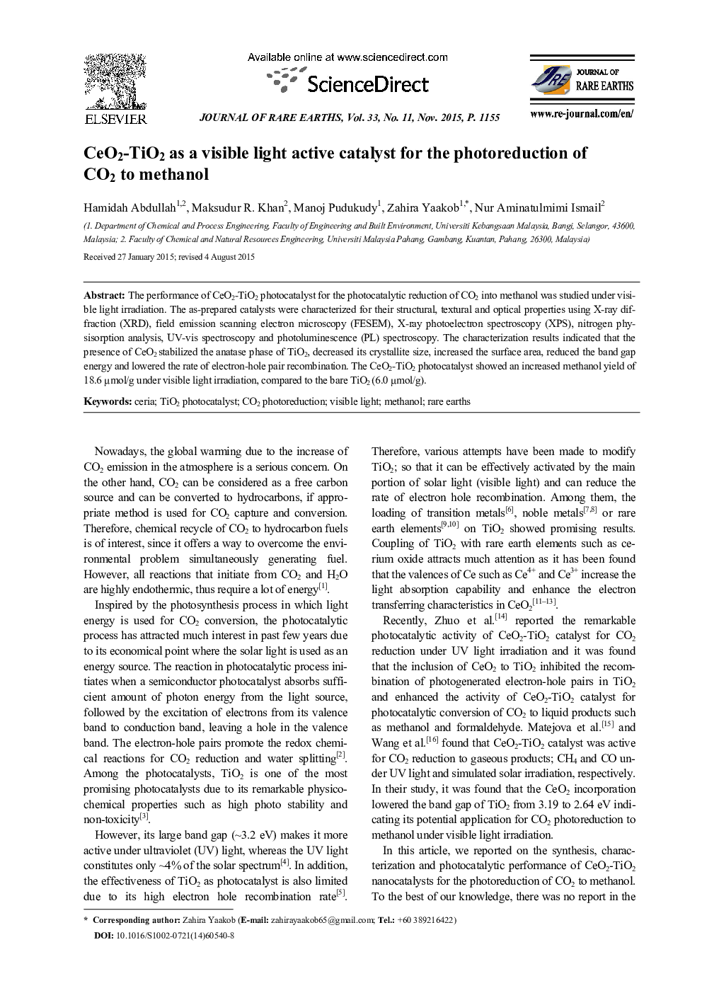 CeO2-TiO2 as a visible light active catalyst for the photoreduction of CO2 to methanol