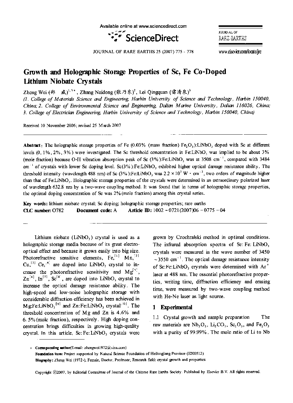 Growth and Holographic Storage Properties of Sc, Fe Co-Doped Lithium Niobate Crystals 