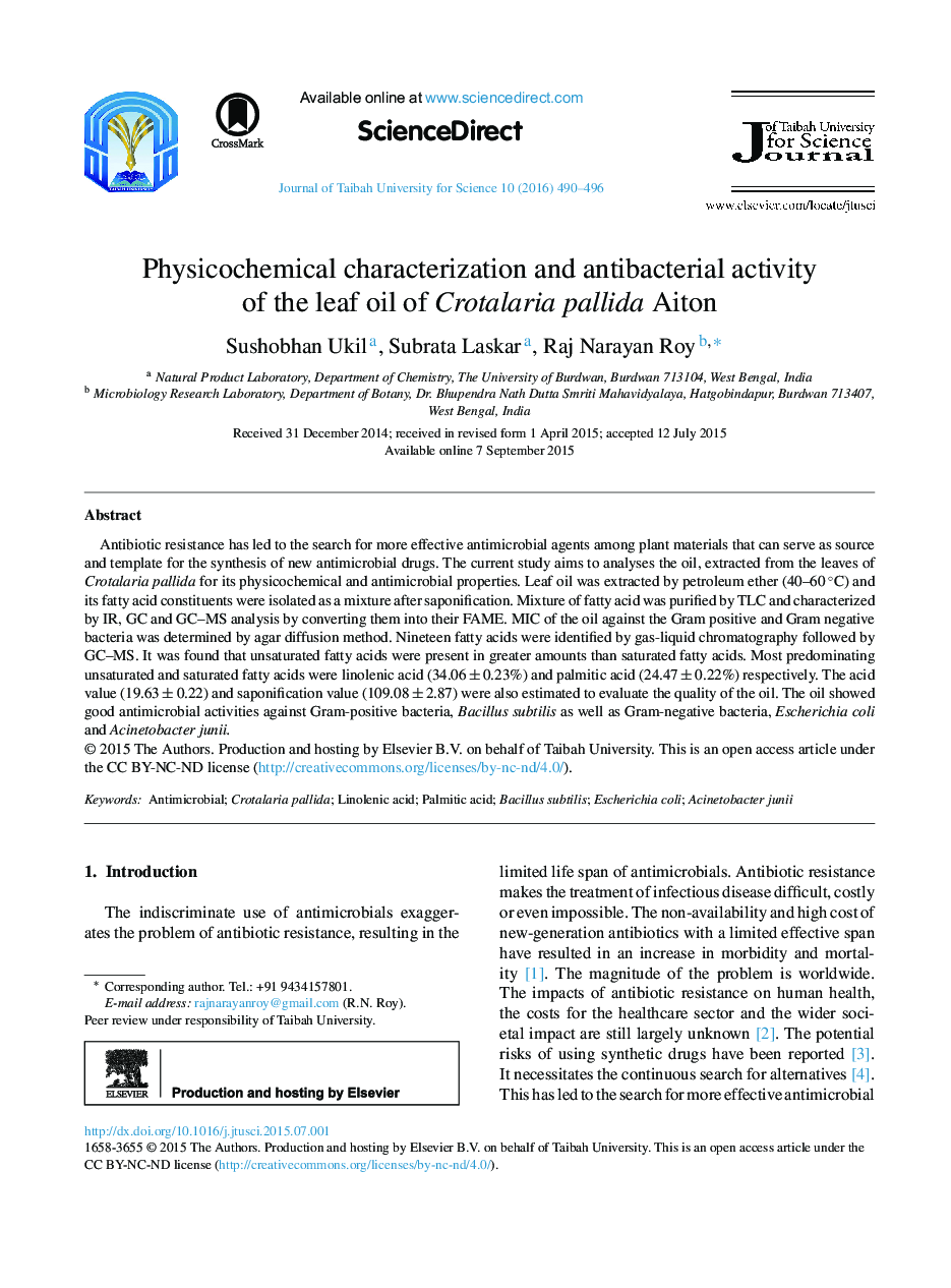 Physicochemical characterization and antibacterial activity of the leaf oil of Crotalaria pallida Aiton 