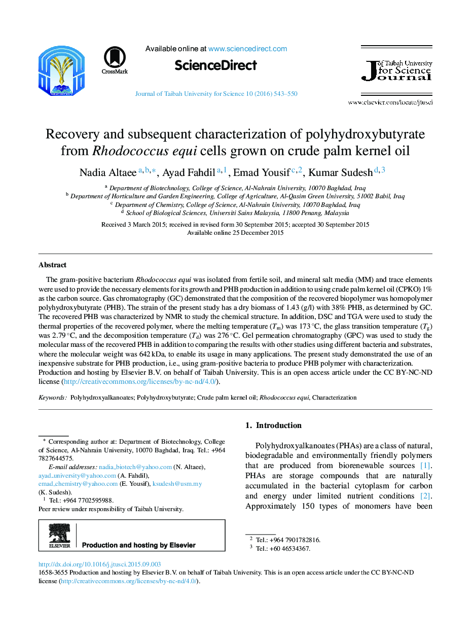 Recovery and subsequent characterization of polyhydroxybutyrate from Rhodococcus equi cells grown on crude palm kernel oil 