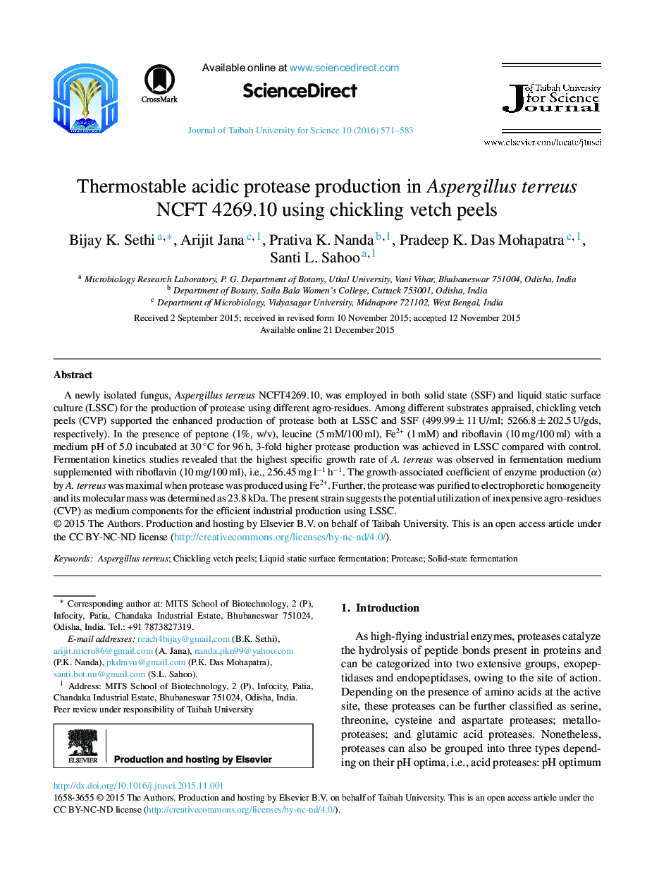 Thermostable acidic protease production in Aspergillus terreus NCFT 4269.10 using chickling vetch peels 