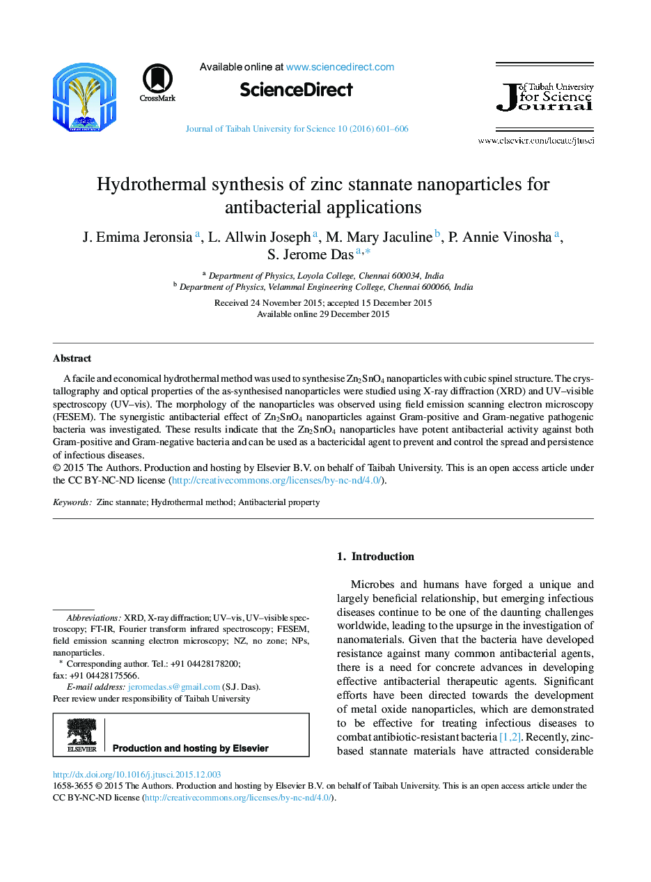 Hydrothermal synthesis of zinc stannate nanoparticles for antibacterial applications 