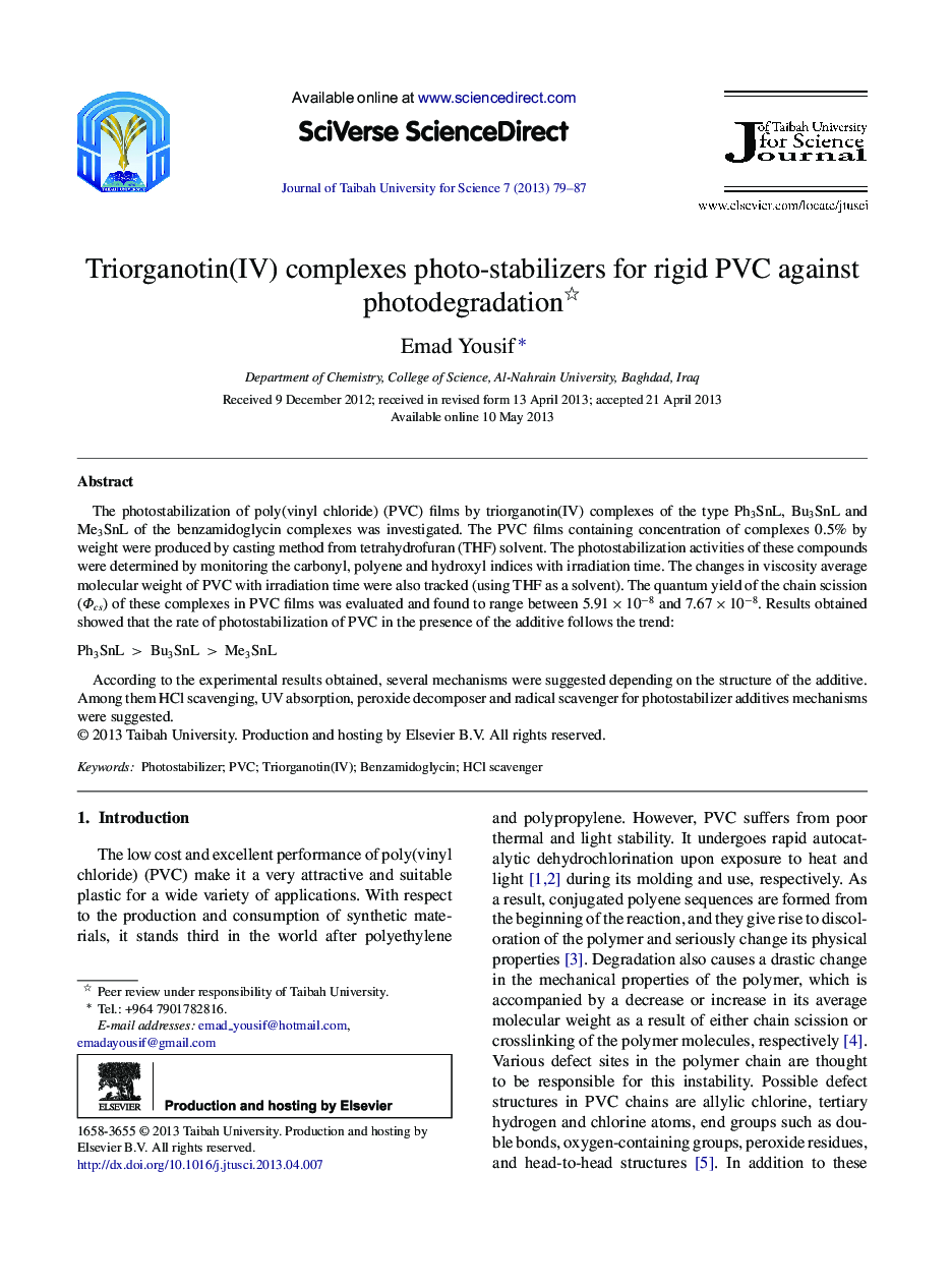 Triorganotin(IV) complexes photo-stabilizers for rigid PVC against photodegradation 