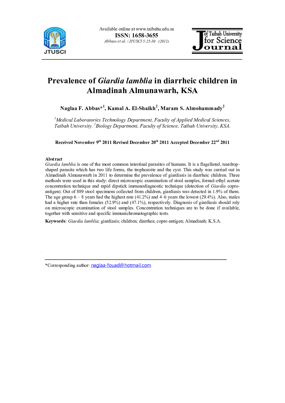 Prevalence of Giardia lamblia in diarrheic children in Almadinah Almunawarh, KSA