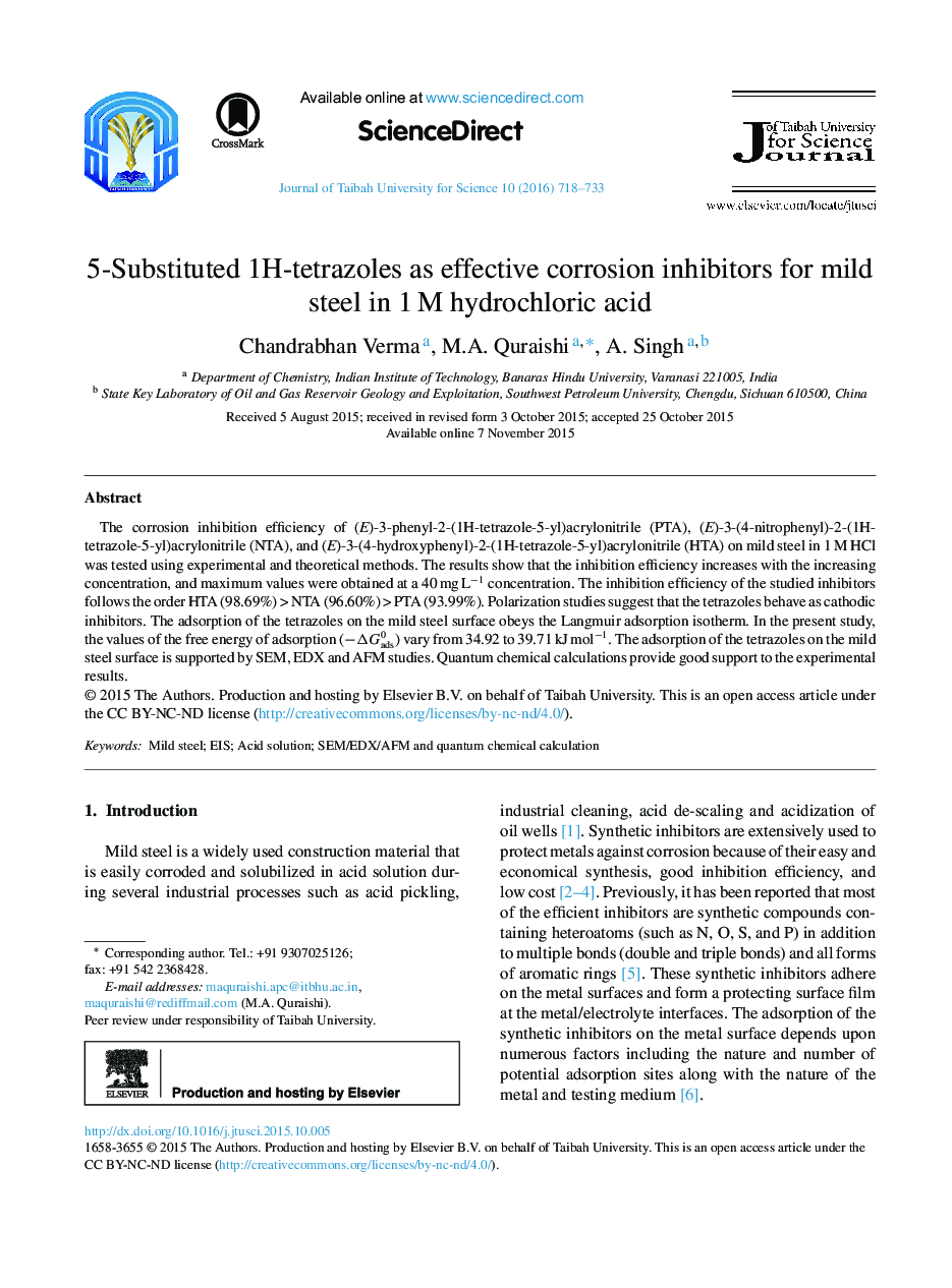 5-Substituted 1H-tetrazoles as effective corrosion inhibitors for mild steel in 1 M hydrochloric acid 