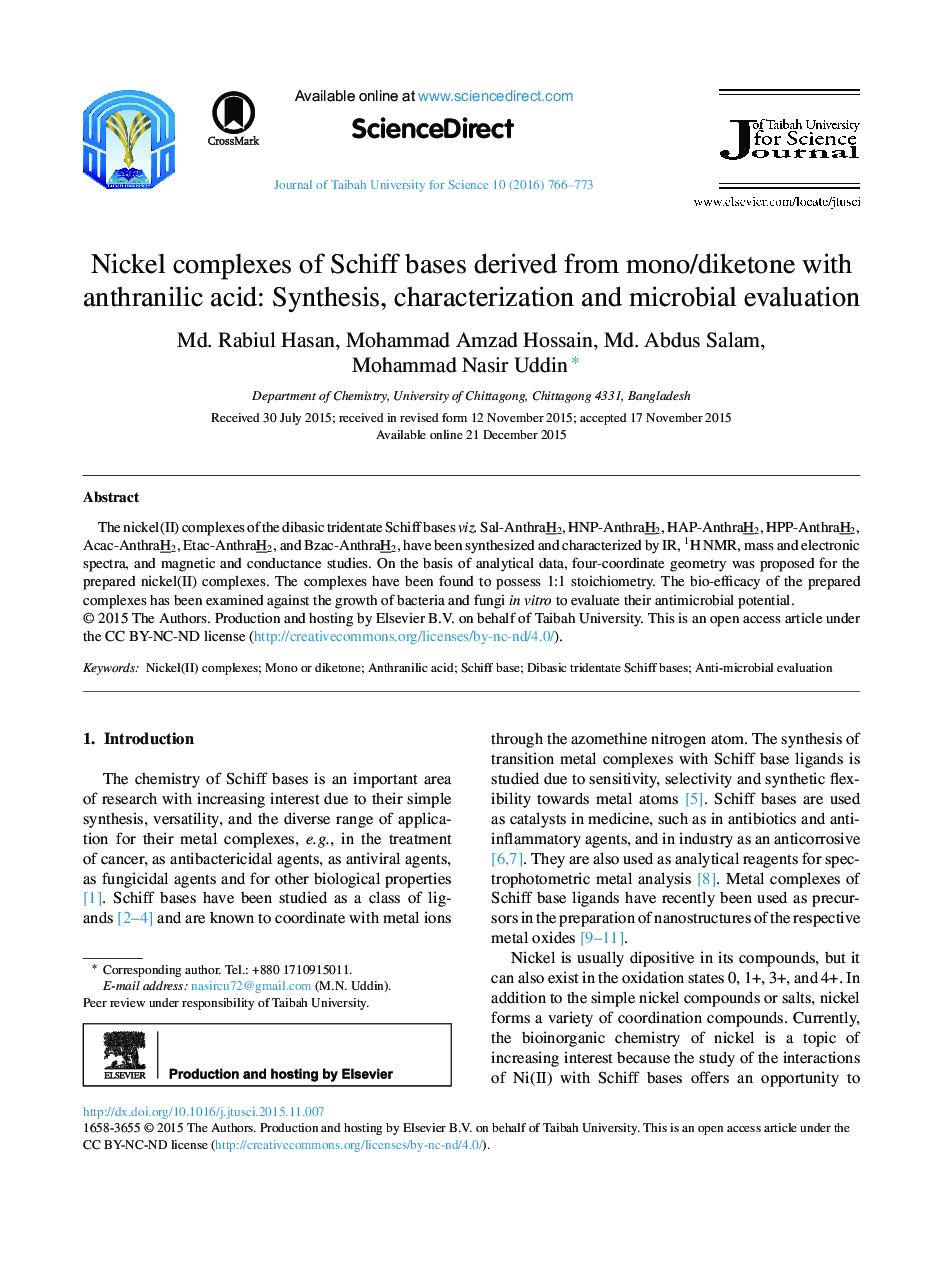 Nickel complexes of Schiff bases derived from mono/diketone with anthranilic acid: Synthesis, characterization and microbial evaluation 