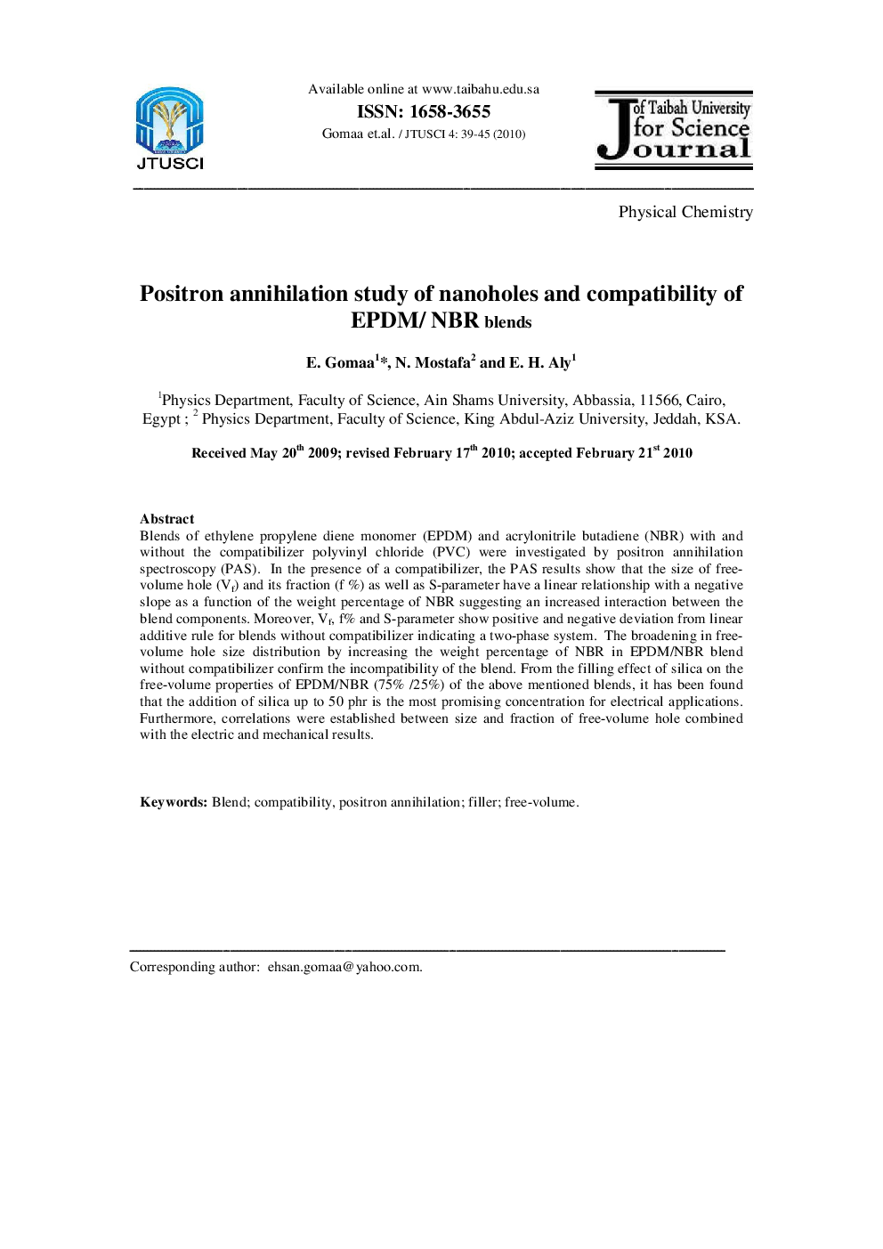 Positron annihilation study of nanoholes and compatibility of EPDM/NBR blends
