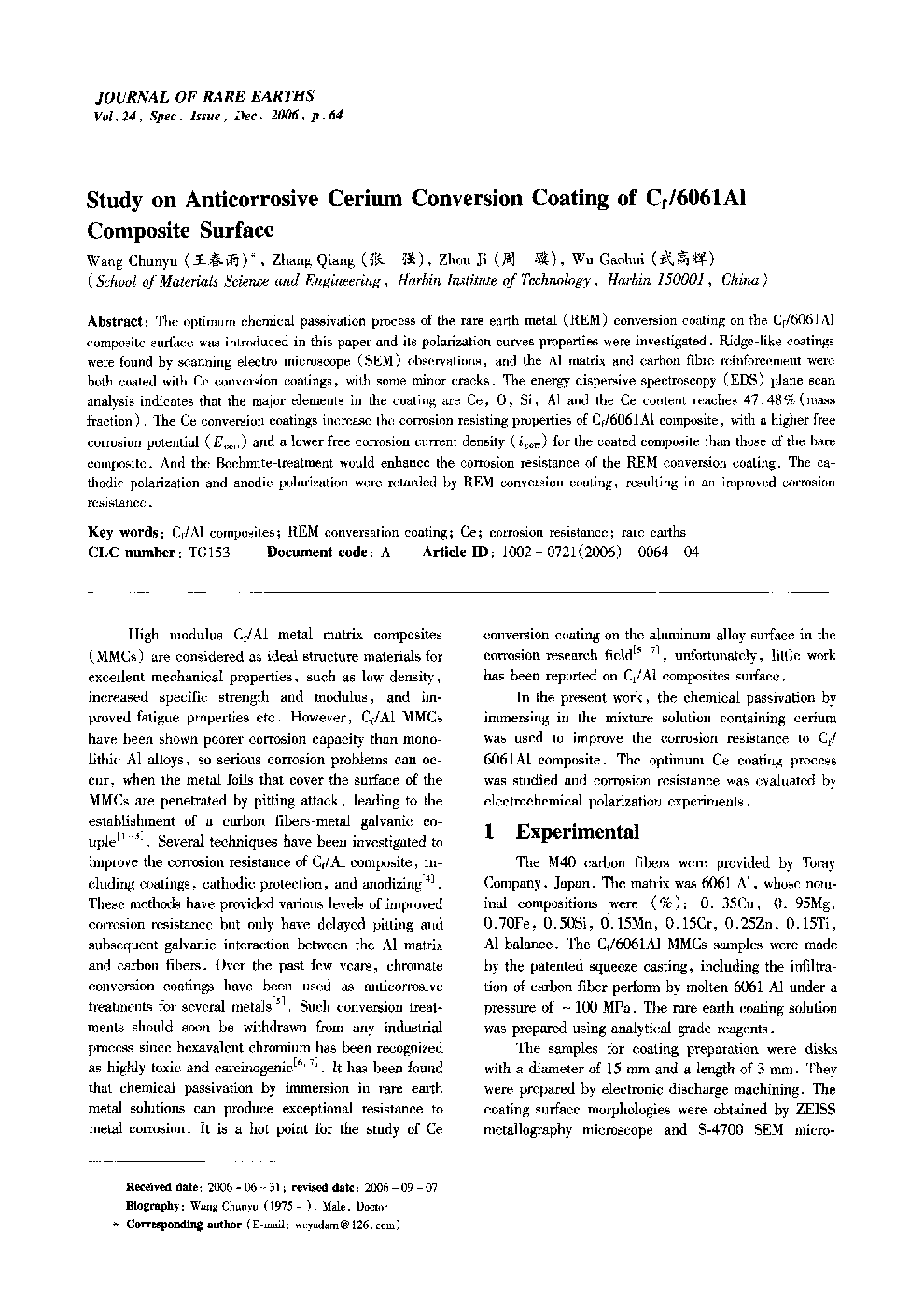 Study on Anticorrosive Cerium Conversion Coating of Cf/6061Al Composite Surface